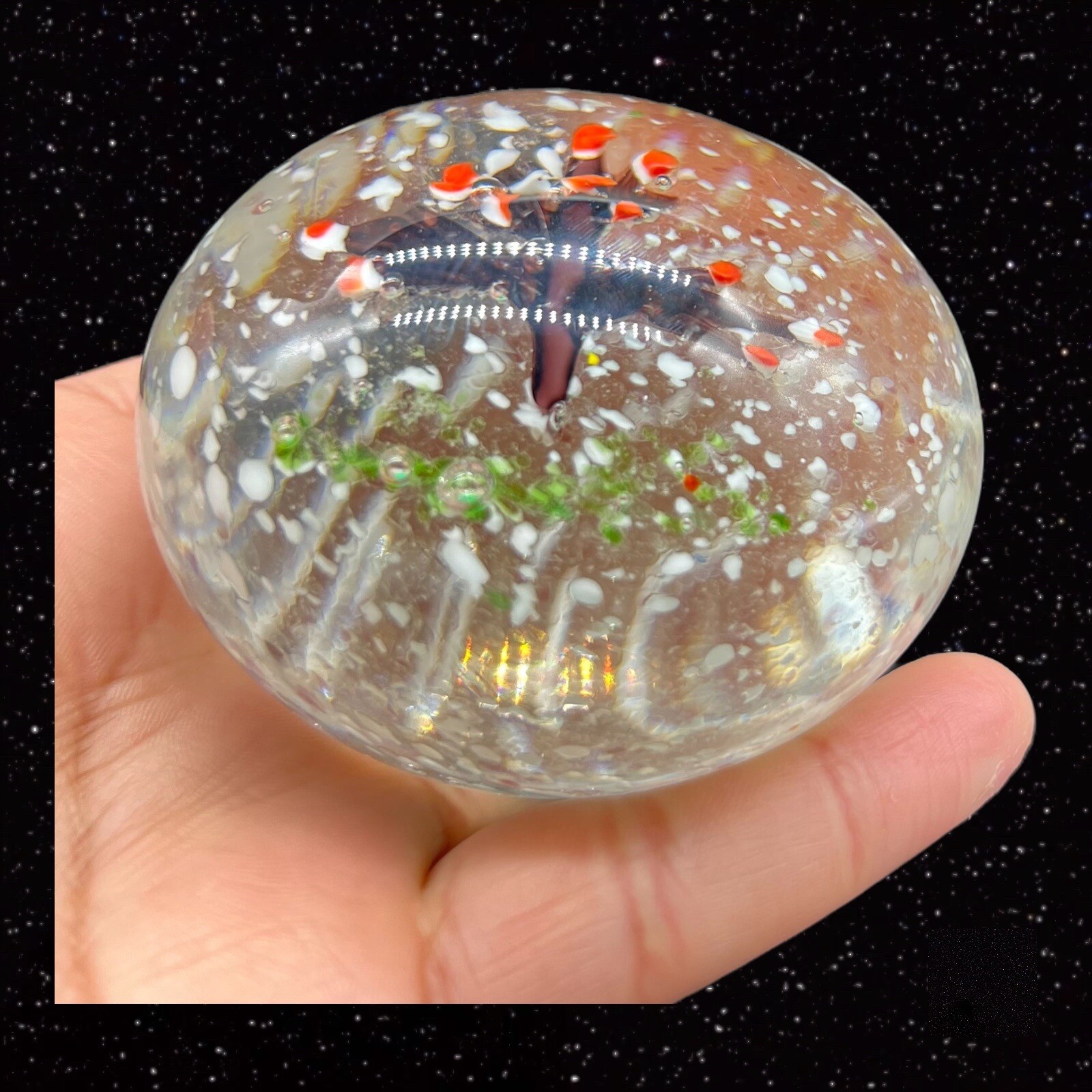 Art Glass Paperweight Cherry Tree w White Dots Round Sphere Vintage Glass 2.5”W