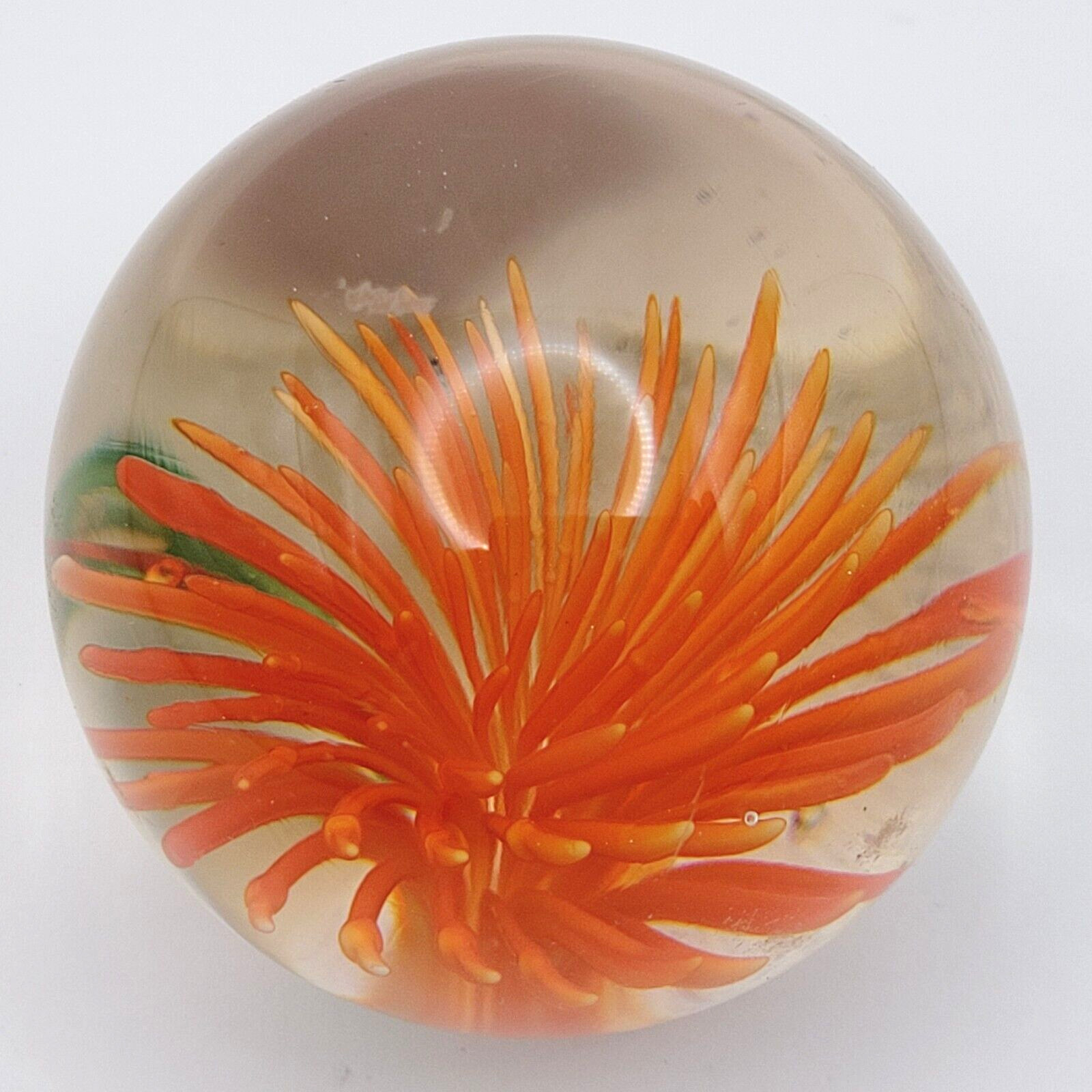 Dahlia or Zinnia Flower Orange Pointed Petal Small Clear Art Glass Paperweight