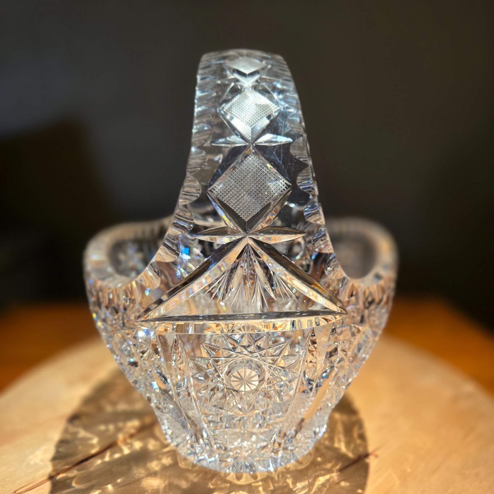 Vtg Large Bohemian Cut Lead Crystal Bridal Basket Heavy Centerpiece 10″ 7.5 lbs
