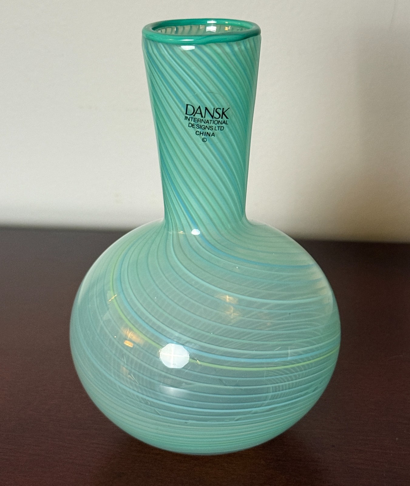 Dansk International 1970 Mezza Filigrana Turquoise Mint Swirl Art Glass Bud Vase