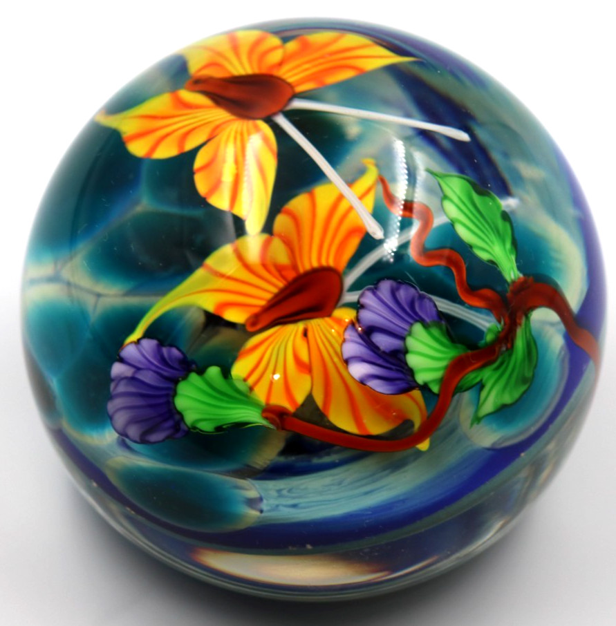 Gorgeous NOS Mayauel WARD Double Orange BUTTERFLIES Flower Art Glass Paperweight