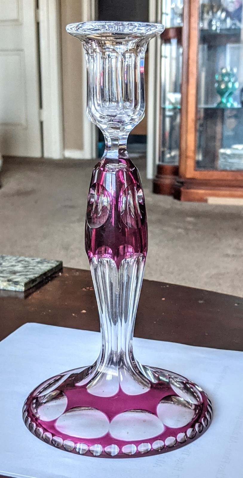 Val Saint Lambert Handblown Cranberry Cut to Clear Overlay Candlestick France