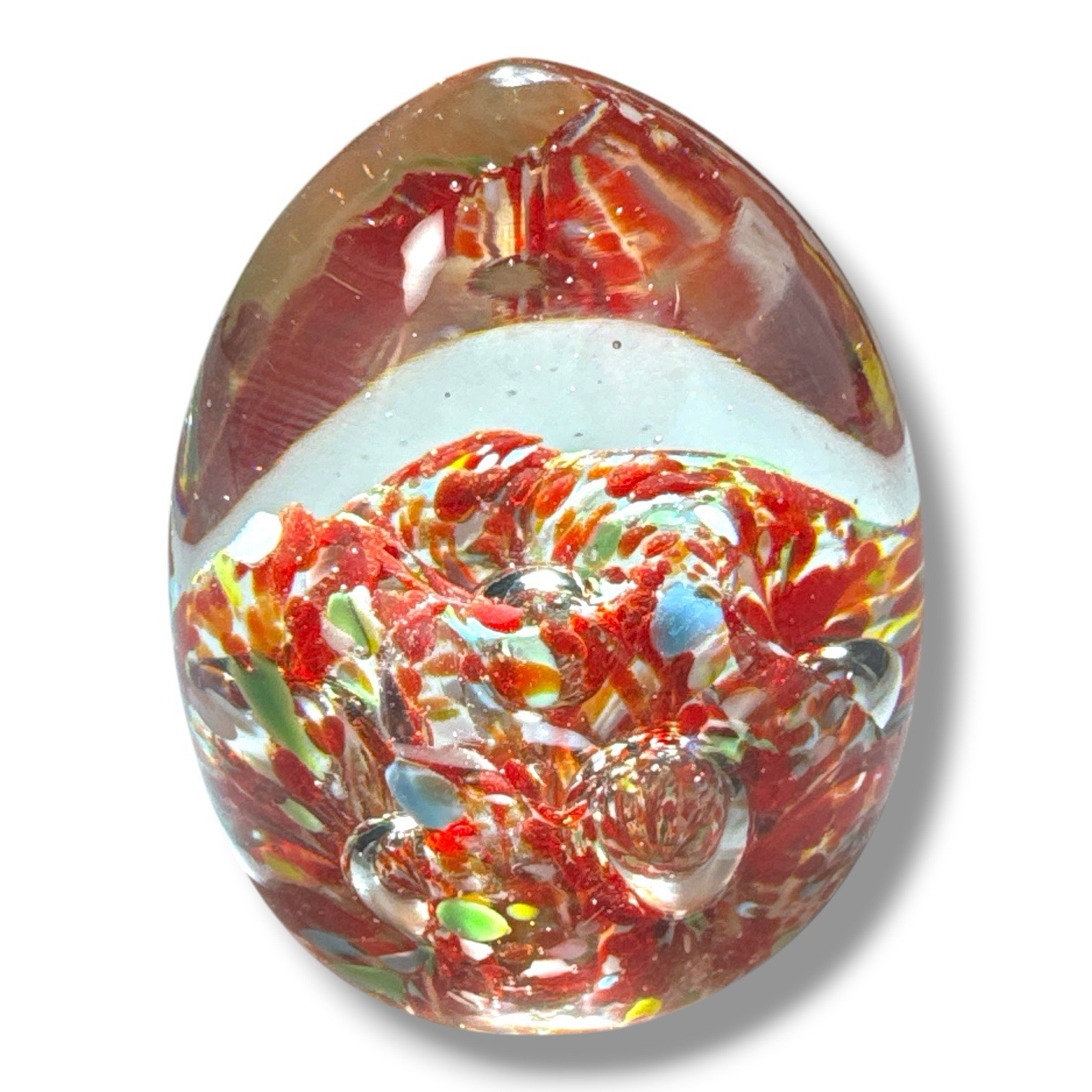 VTG Egg Shaped Art Glass Paperweight Red Multicolor Spatter Controlled Bubble