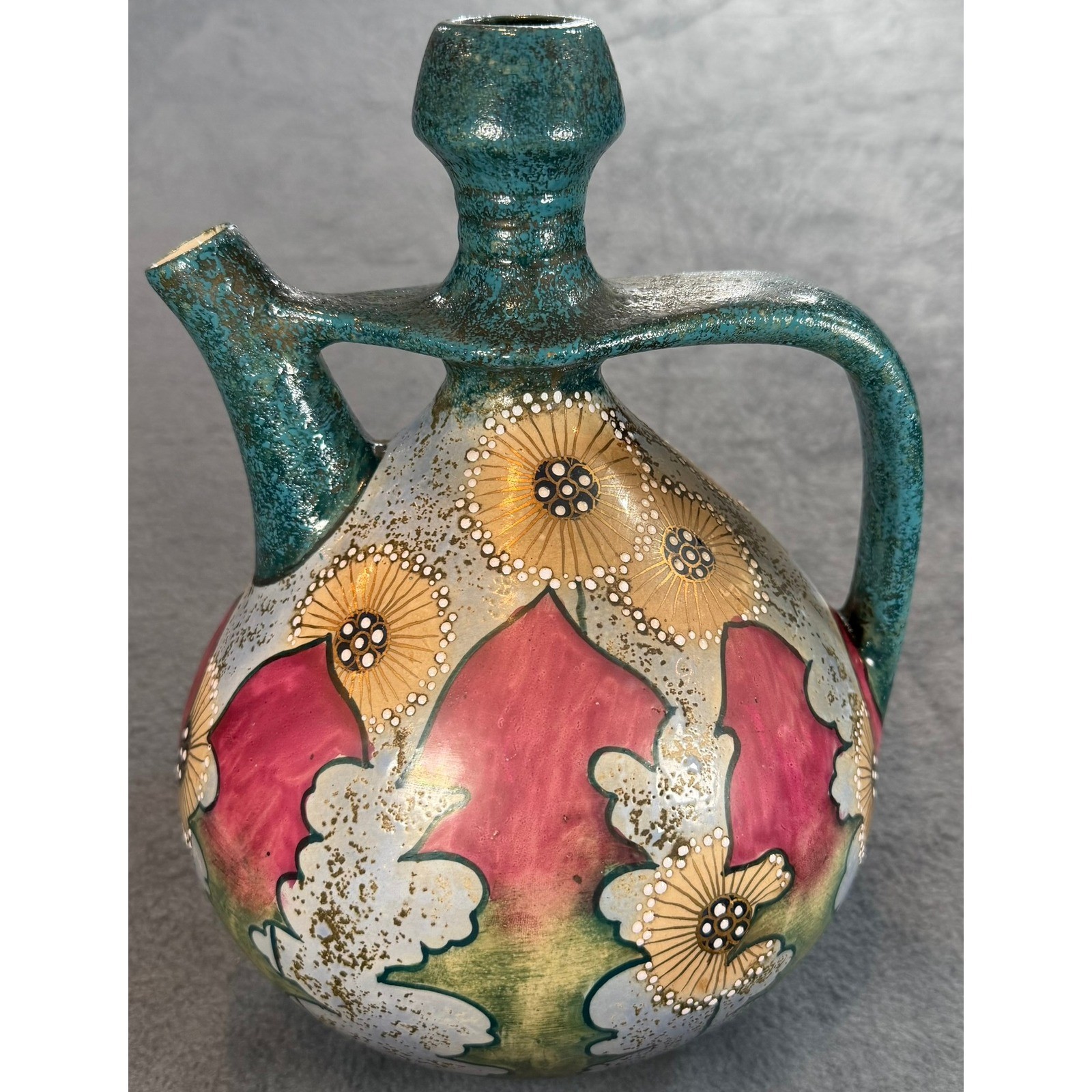 1900 Amphora Czechoslovakia Art Pottery Ewer Pitcher Floral Teal Magenta Gold