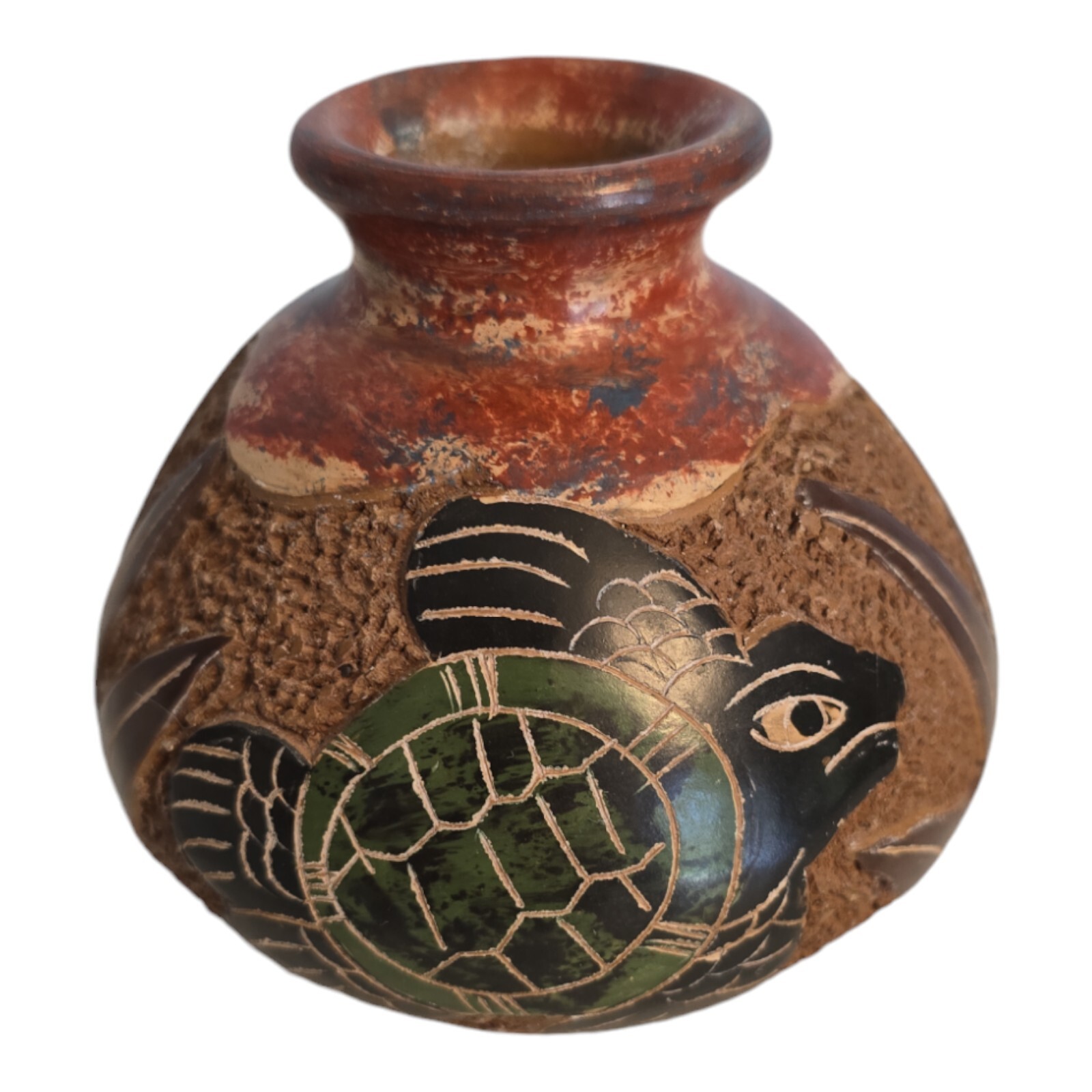Primitive Pottery Vase Tropical Beachy Sea Turtles Handmade 3″ Tall