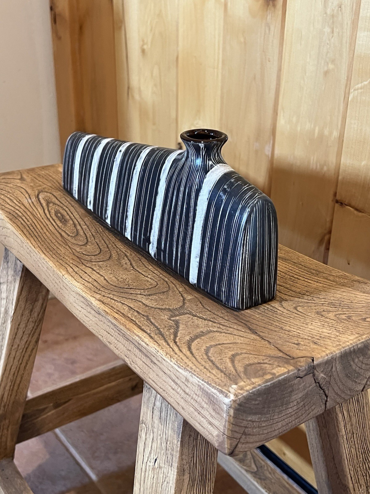 Mid Century Modern style Sgraffito Pottery Vase Artisan Organic & Tribal B & W
