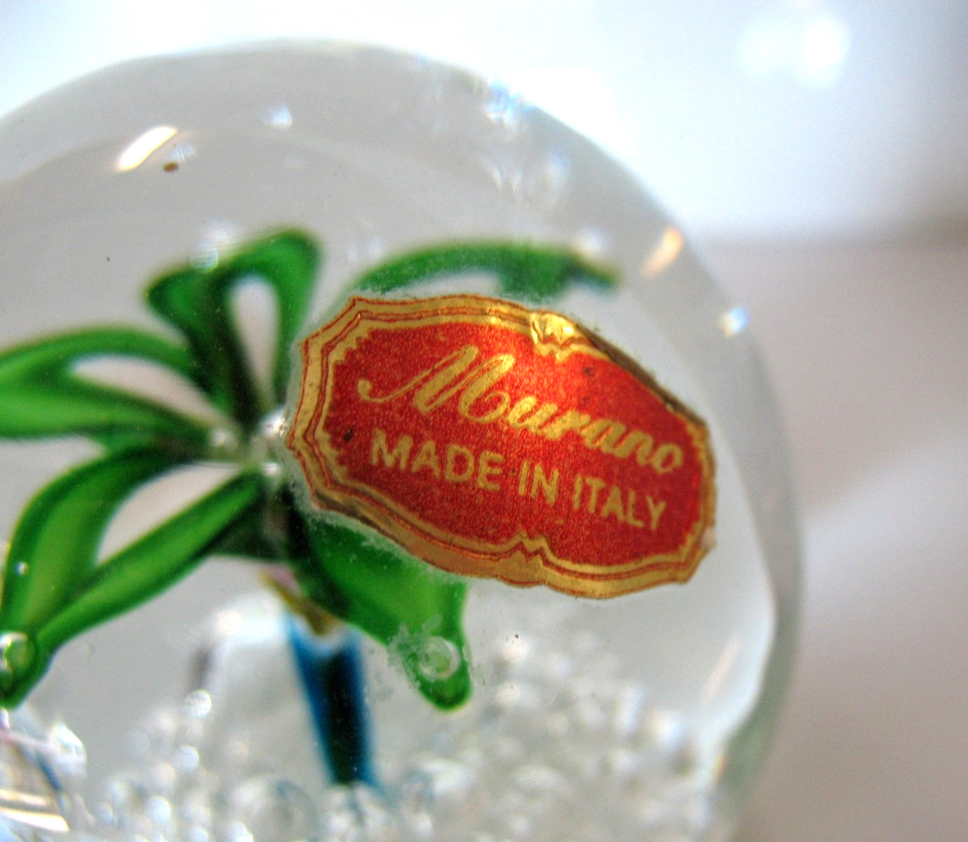 Vintage MURANO Art Glass Paperweight Green Flower Controlled Bubble ITALY