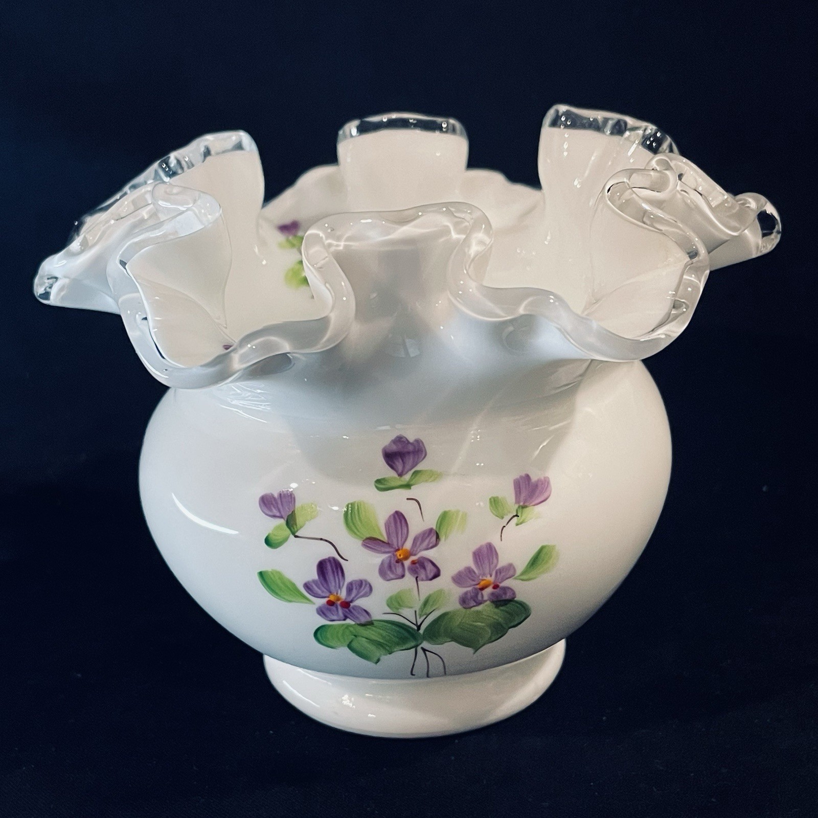 Vtg Fenton HP Silver Crest VIOLETS IN SNOW Rose Bowl Vase Signed Nancy Gribble