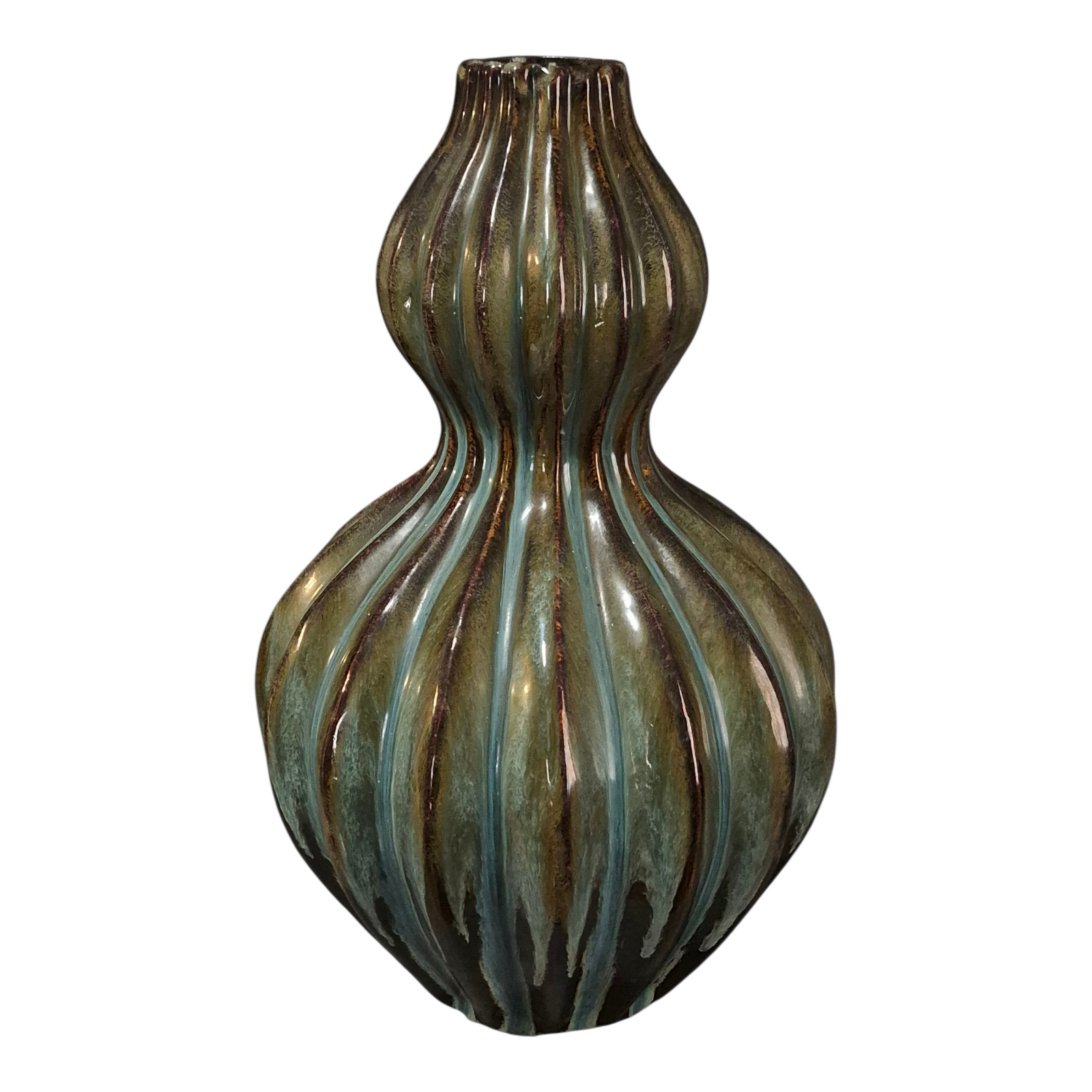 Vintage Glazed Pottery Double Gourd Ribbed Multicolor Earth Tone Vase