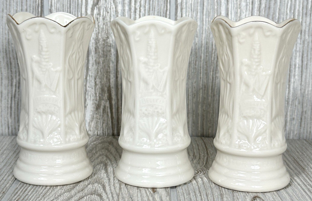 Belleek Visitors Center Ivory Bud Vases 4″ Tall Lot of 3 Embossed Design Ireland