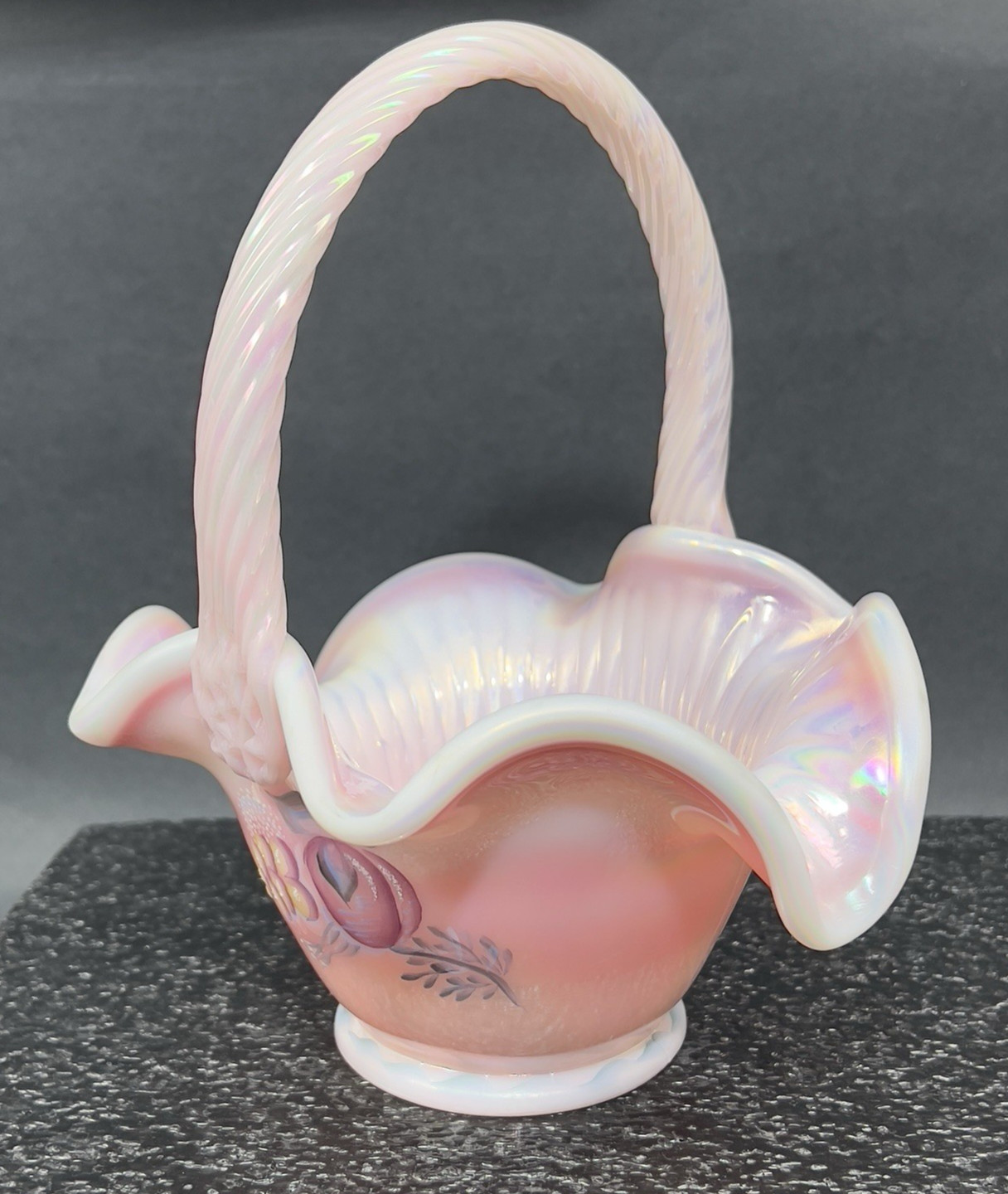 Vtg Lynn & Craig Fenton Glass Basket Rosalene Opalesce Iridescent Pink J Powell
