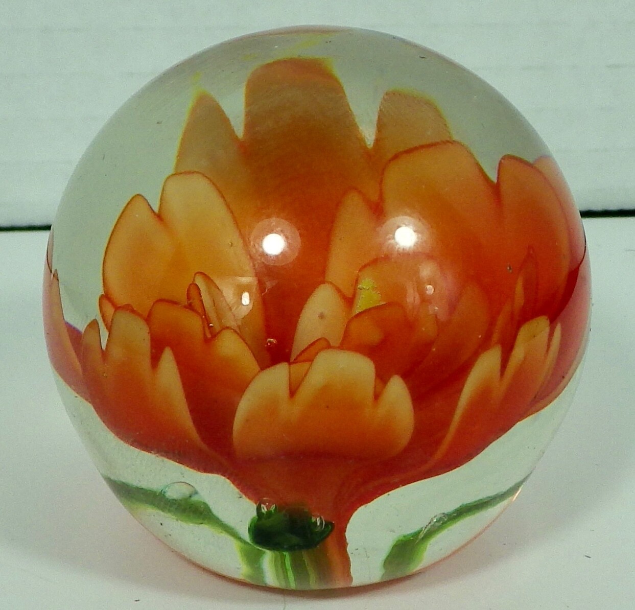 Mini Orange Blooming Flower Glass Paperweight 1 3/4 Height