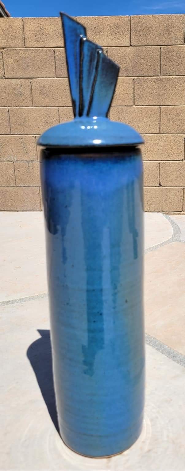 Studio Art Pottery Covered 16″ Cylinder Vase Blue Black Glaze Artist Signed