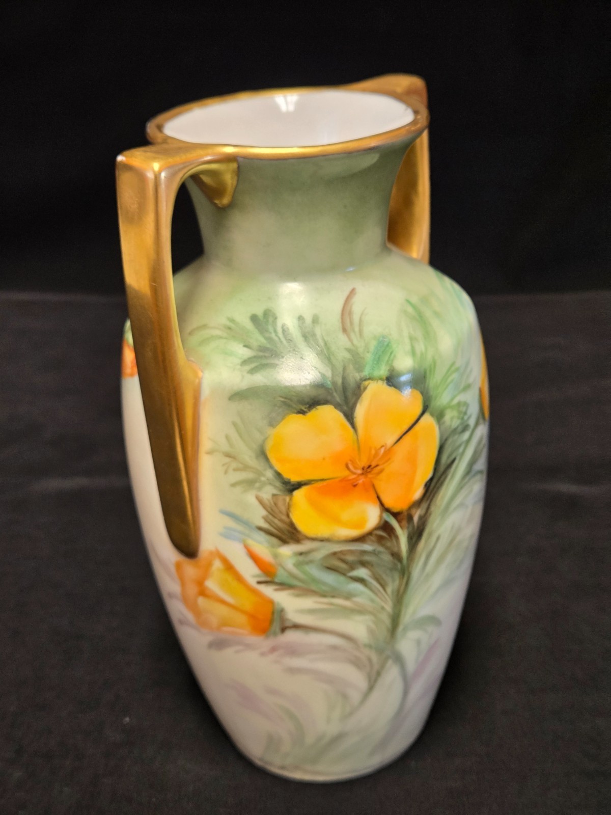 ANTIQUE MZ AUSTRIA, SAMISH’S SAN FRANCISCO, HAND PAINTED PORCELAIN HANDLED VASE