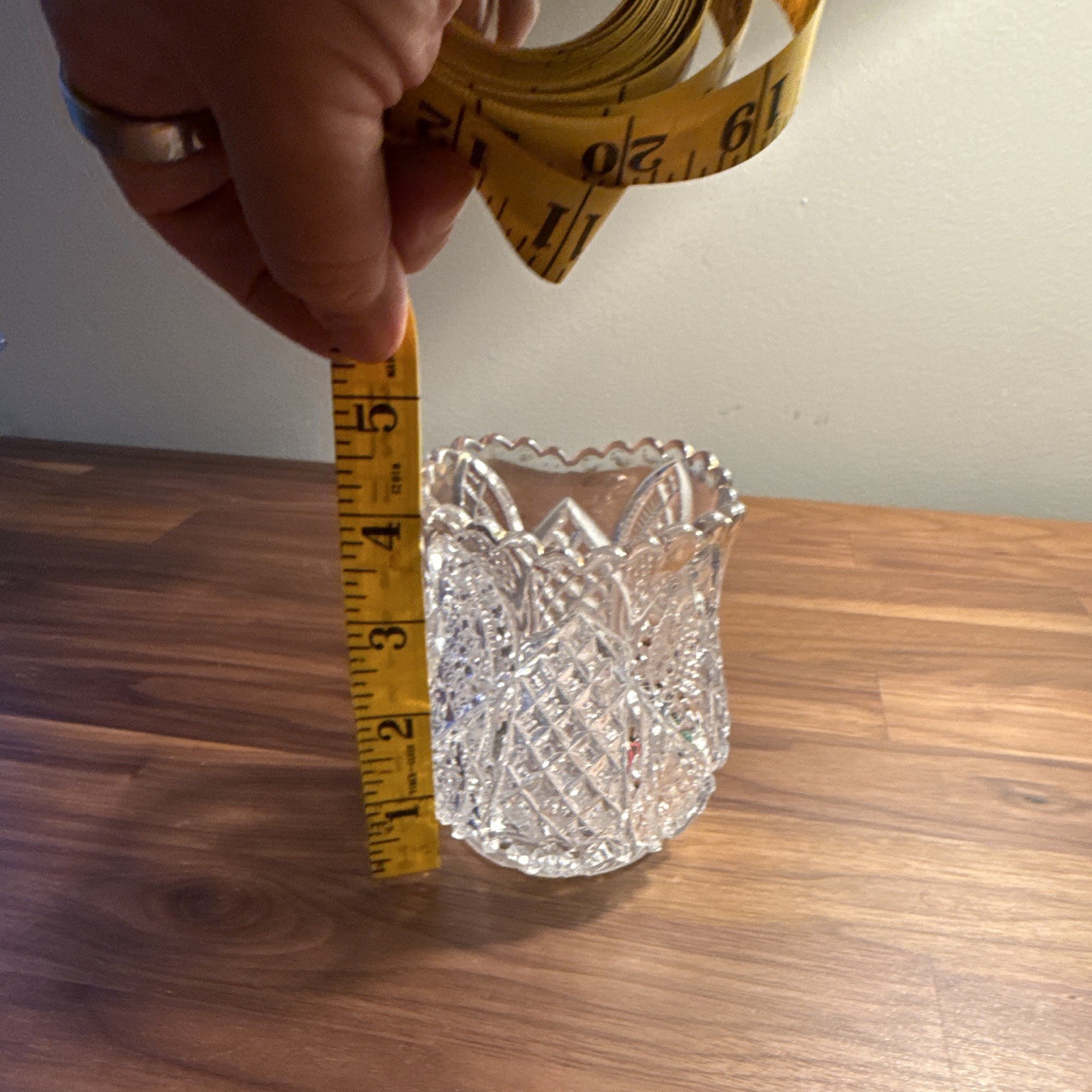 Clear Cut Glass Vase Diamond Pattern Scalloped Rim 4 in Tall x 4 in Wide