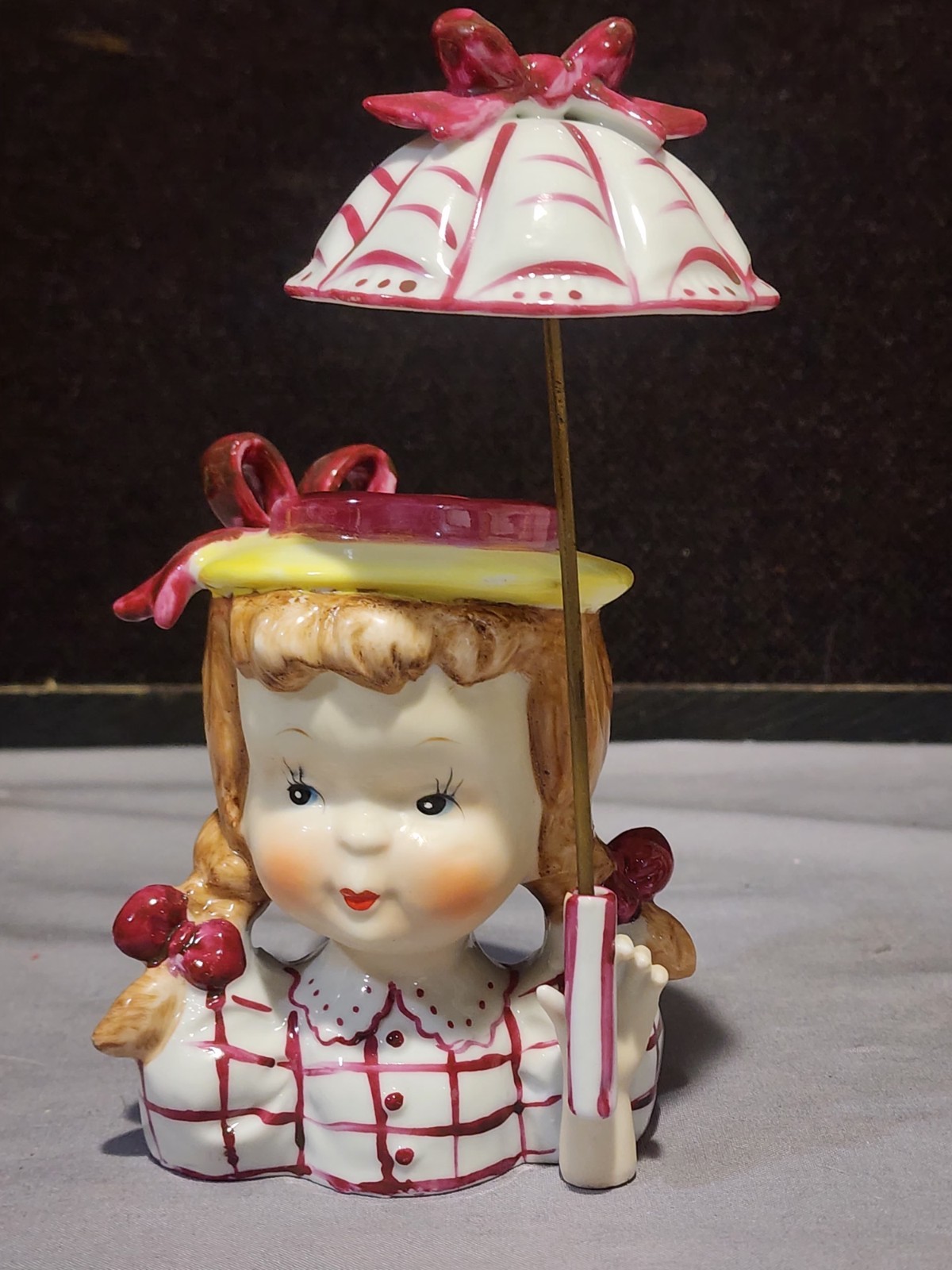 Vintage Japan Umbrella Girl Lady Head Vase Pink Hat Big Curl Pigtails
