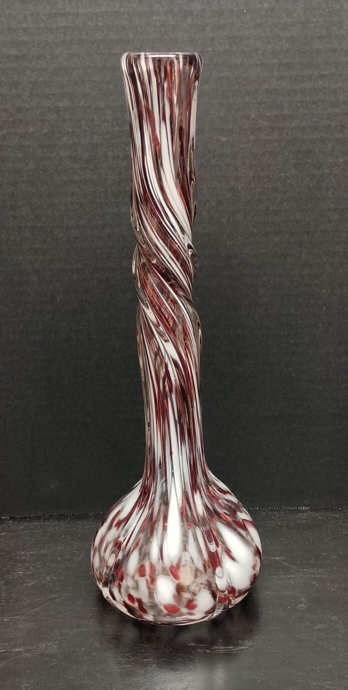 Vintage Blown Art Glass Murrhina Twisted Stretch Vase Crimson White & Clear 14″
