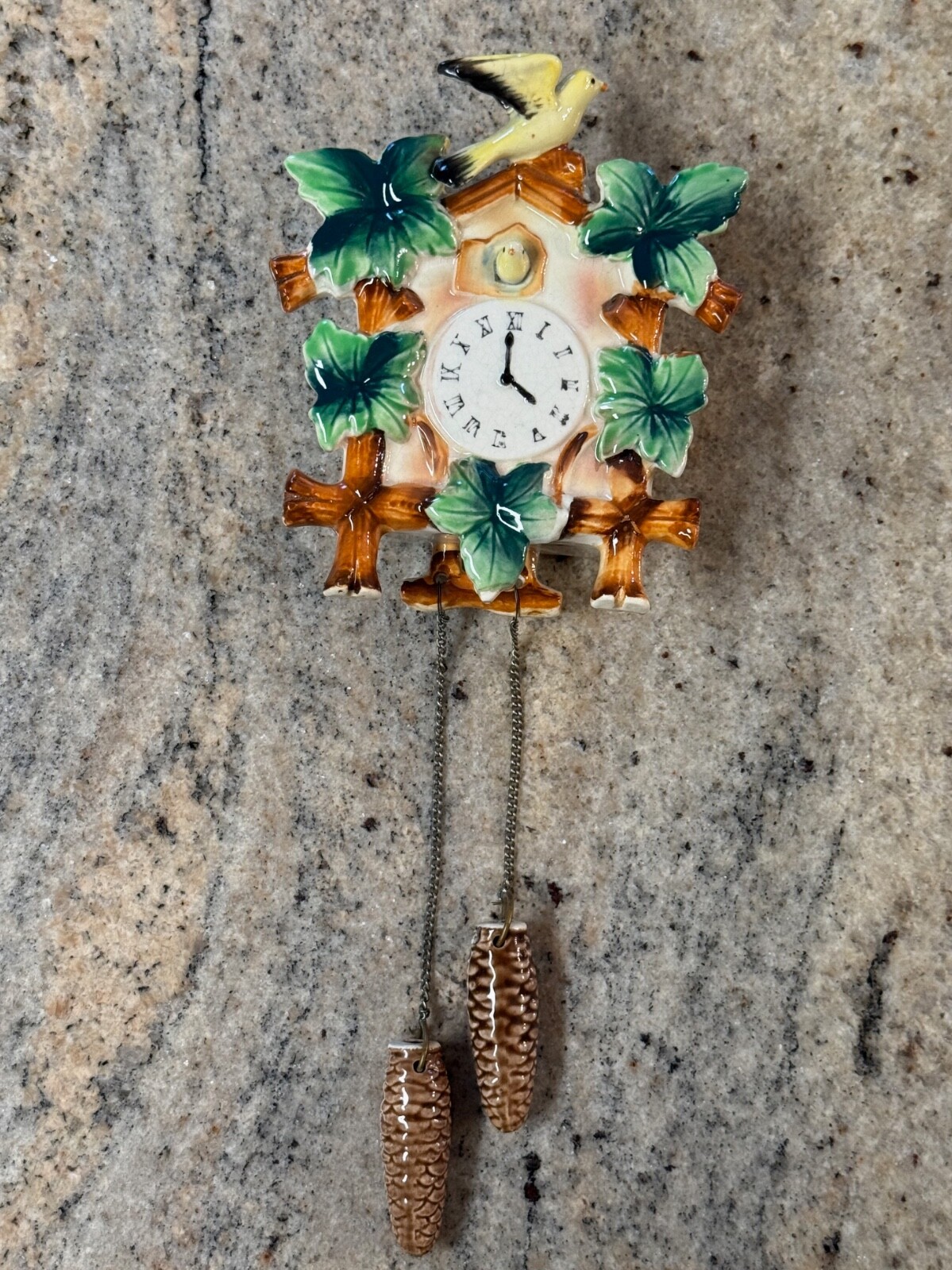 Vintage Lefton Wall Pocket Vase Cuckoo Clock w/ 2 Birds & Pinecone Weights 5.5″