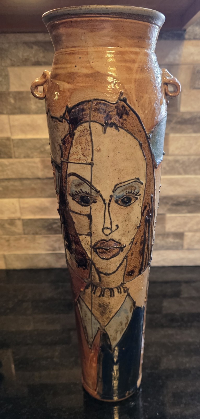 Hand Thrown Studio Art Pottery 16.5″ Vase – Brown Blue Tan Glaze One of A Kind