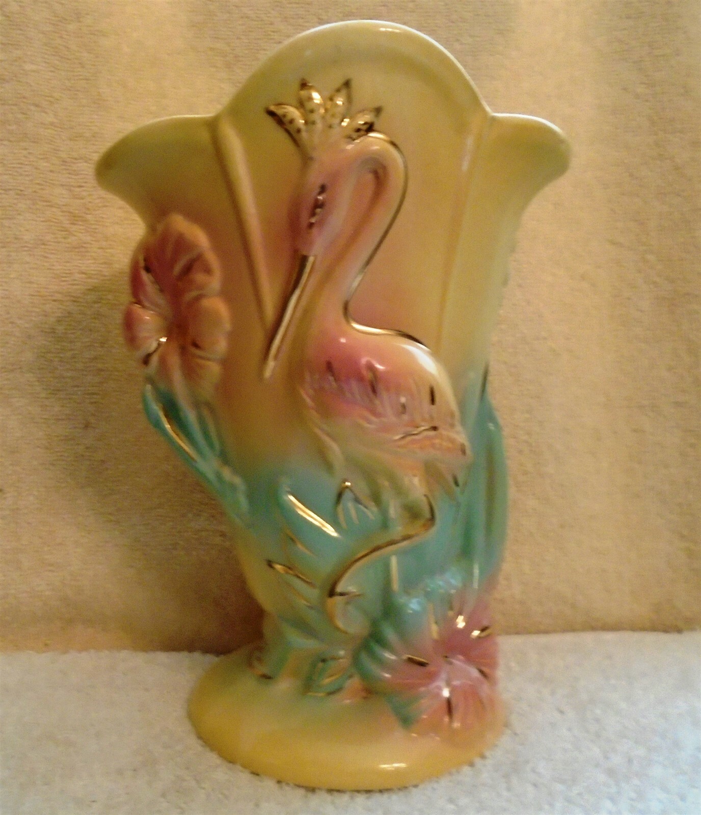 Vintage Yellow Hull Vase With Crane or Heron in Pink and Green Gold Trim No. 85