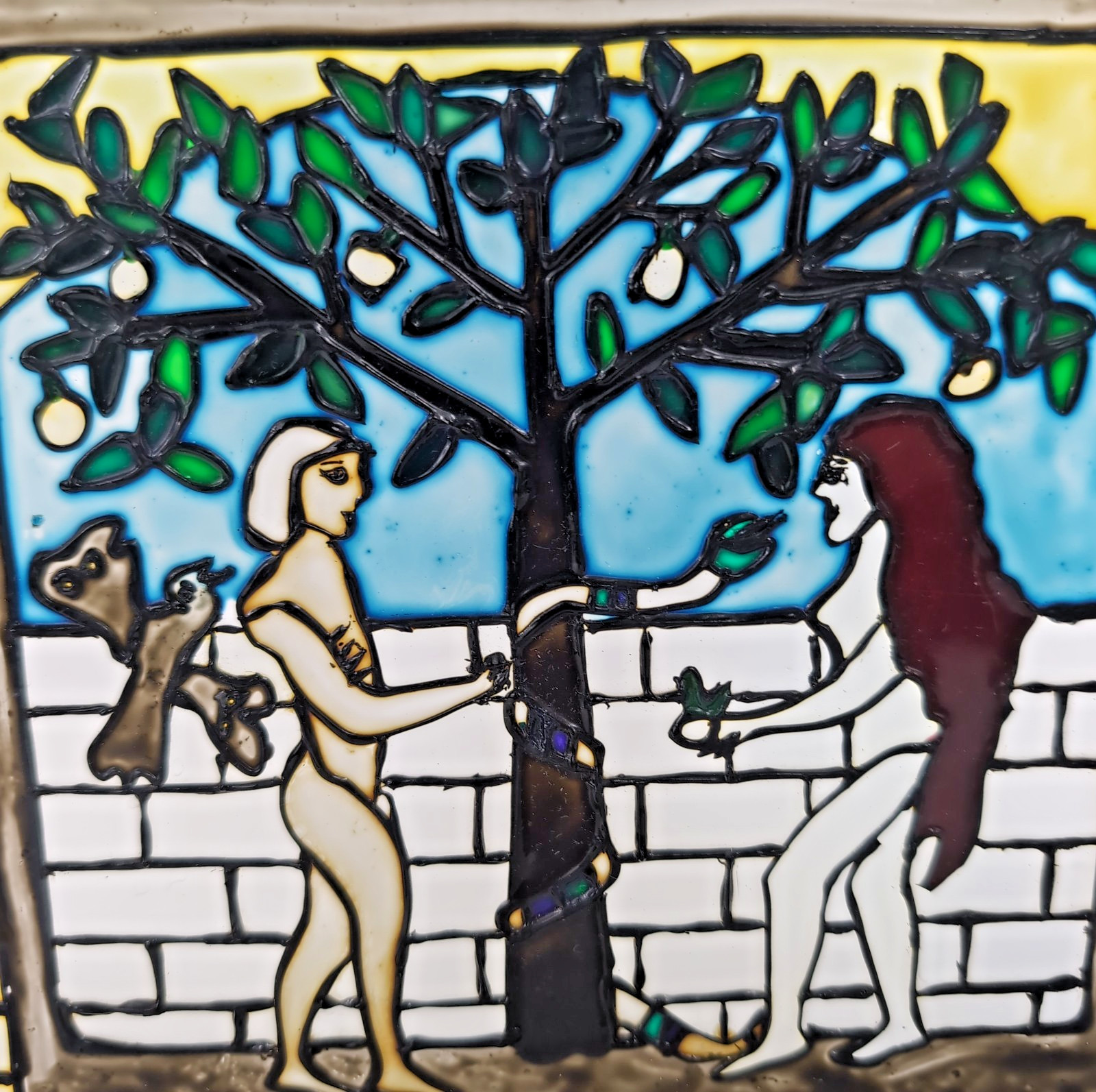 VTG Hand Painted Faux Stained Glass Window Panel Suncatcher Adam Eve Bible Tree