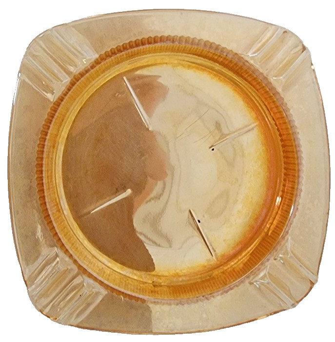 Vintage Amber Depression Glass Square Ashtray 4.25″ Etched Leaf