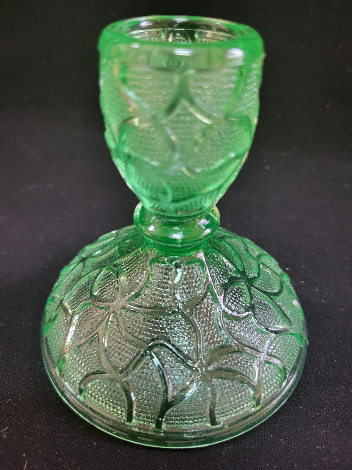 2 Uranium Glass Green Depression 3.5” Candle Sticks With Raised Patterns MINT
