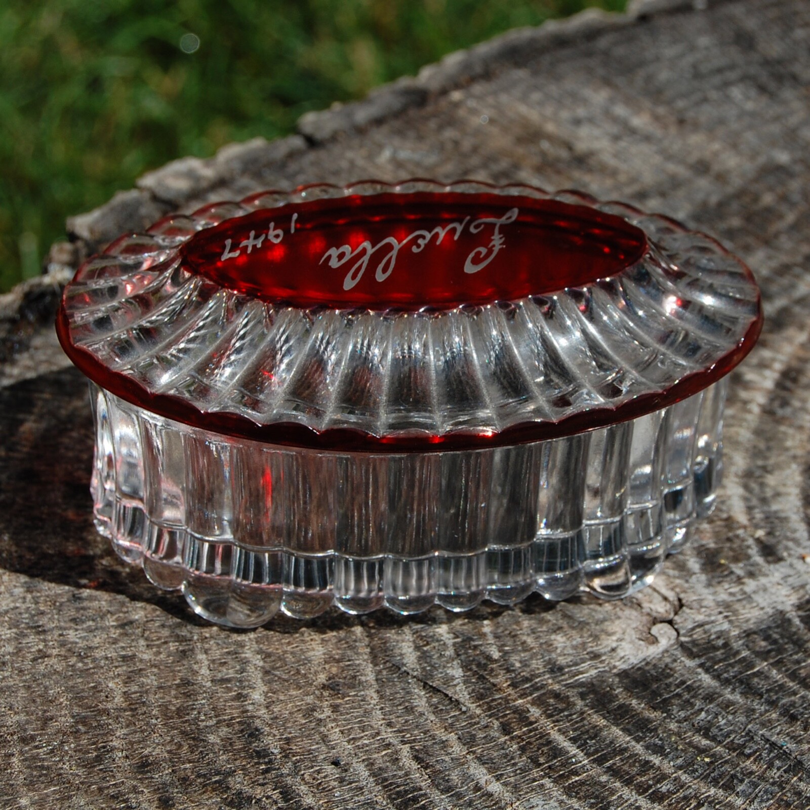 Vintage Ruby Stain Flash Glass Souvenir Covered Vanity Dresser Box 1947 LUELLA