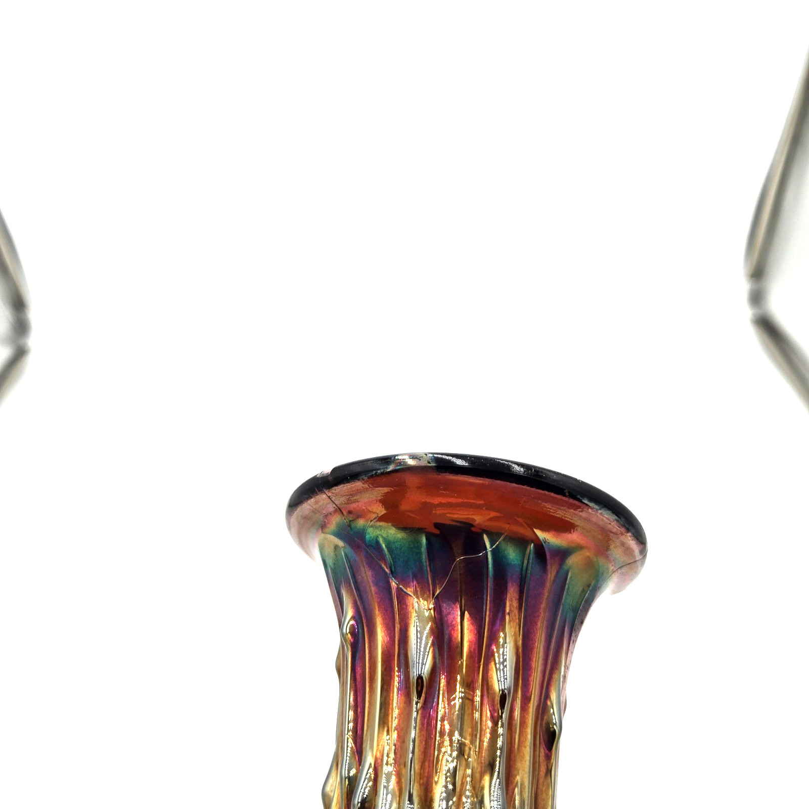 Vintage Carnival Glass Swung Vase Tree Trunk Iridescent Stretch Glass 12 Inch