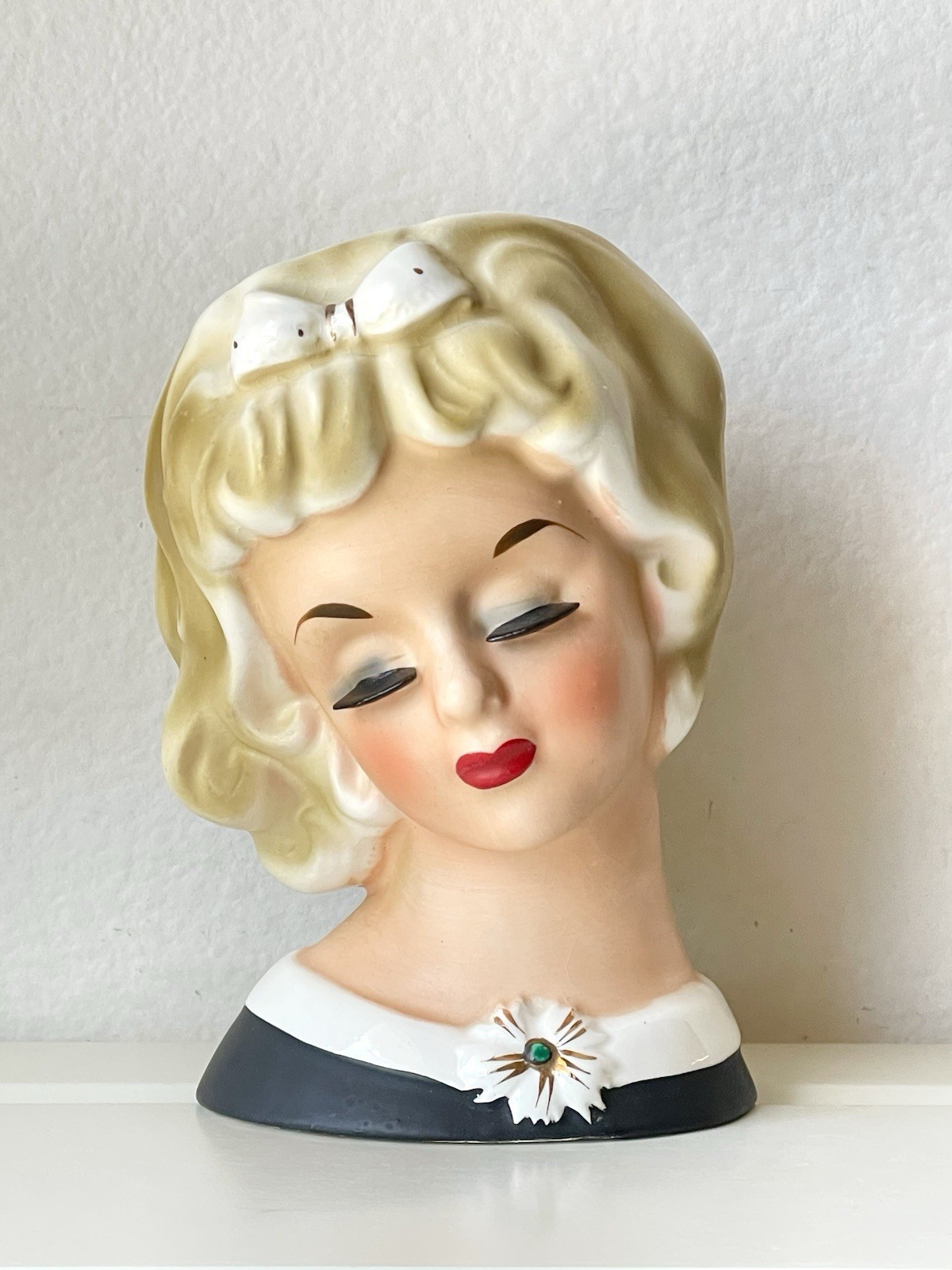 Vtg DABS Lady Head Vase D-3220 Blonde w/Bow Black Dress Scarce MCM Japan 5.5″