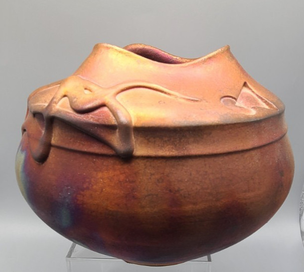 COPPER Raku Pottery Art Vase KERRY GONZALEZ Clay Signed Multicolor Copper Tones