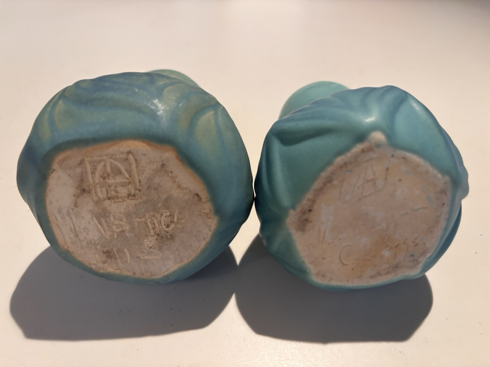 Van Briggle Turquoise Onion Bulb Ming Blue Green Pottery Vases (2) 4 1/4″ H