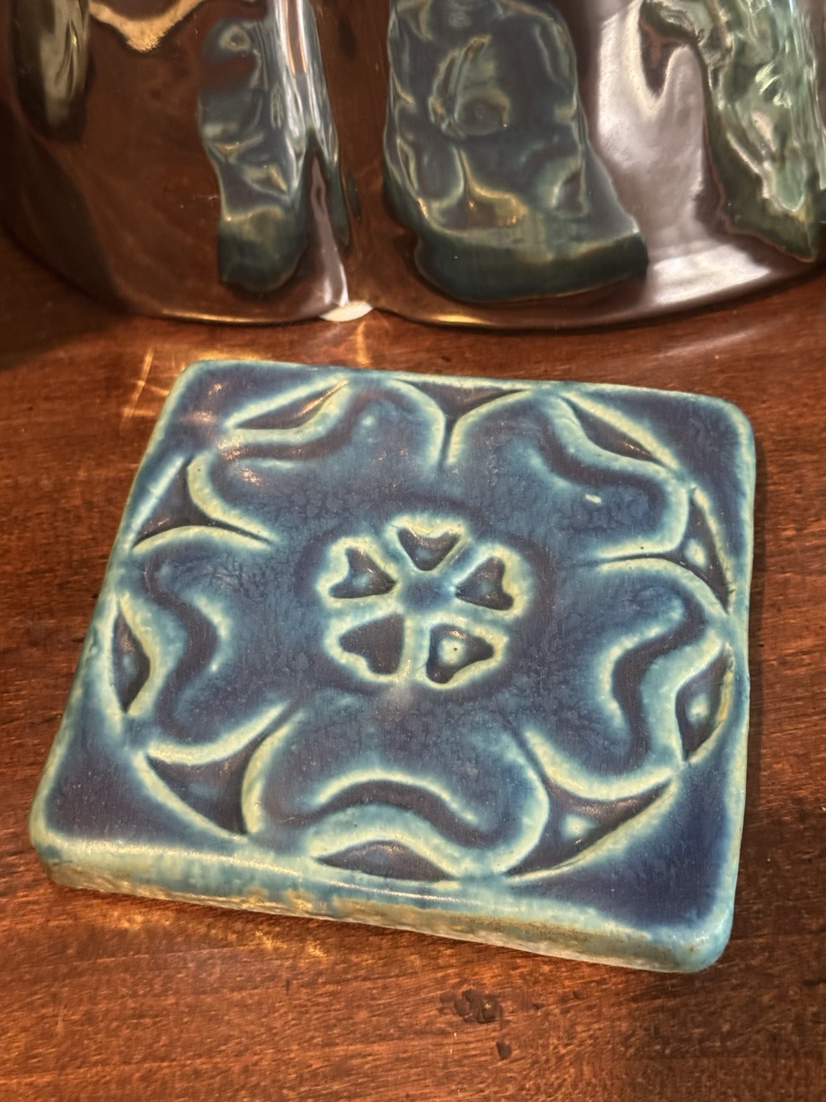 Vintage Pewabic Tile Detroit Pottery Artisans 4” Arts & Craft Blue Flower 1991