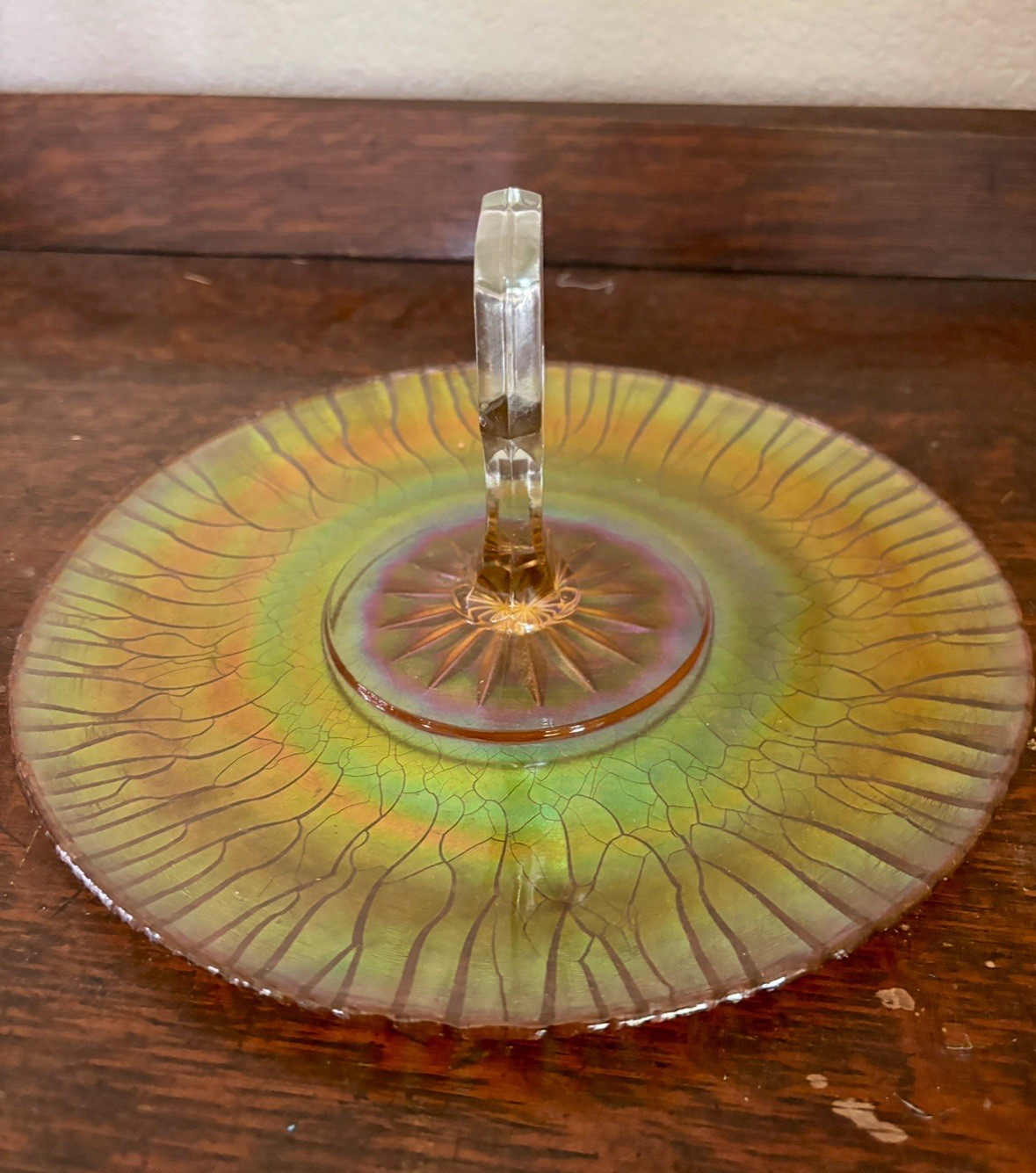 Jeannette Gold Handled Sandwich Server Tray Iridescent Carnival Stretch Glass