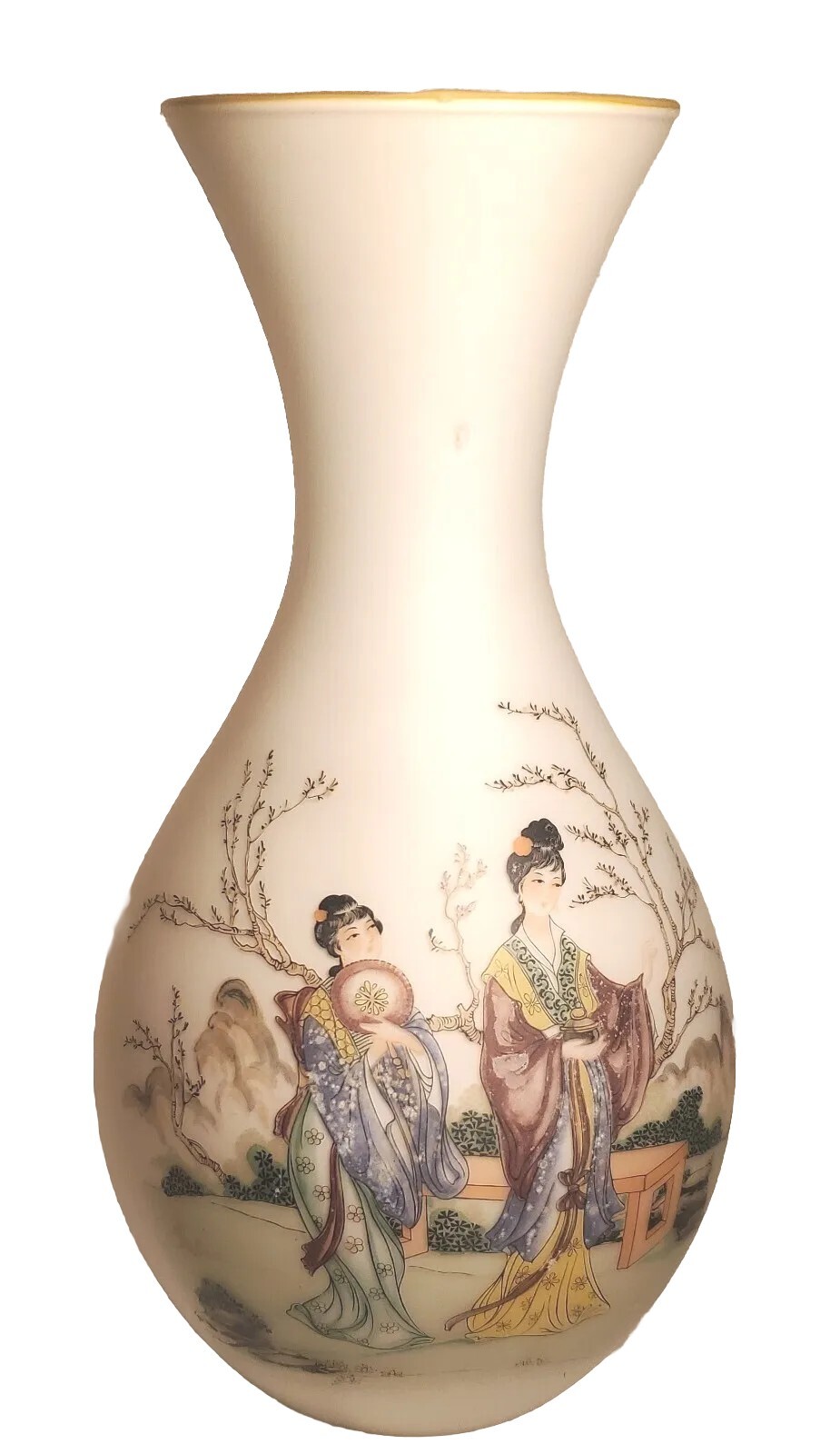 Vintage Norleans Satin Frosted White Glass Vase Asian Japanese Floral Italy