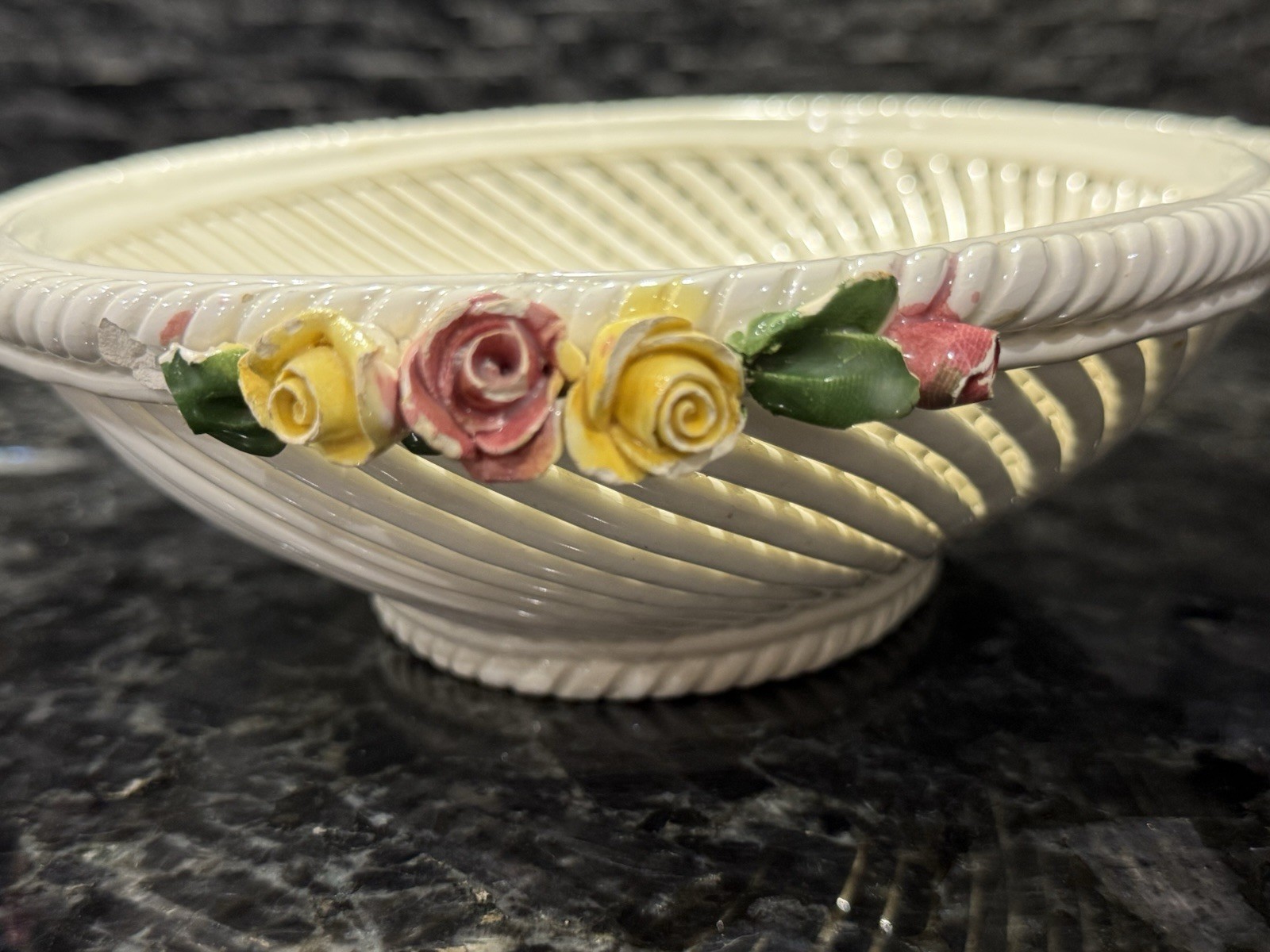 Vintage Hand Painted Italy Ceramic Lattice Basket Bowl Applied Roses Floral