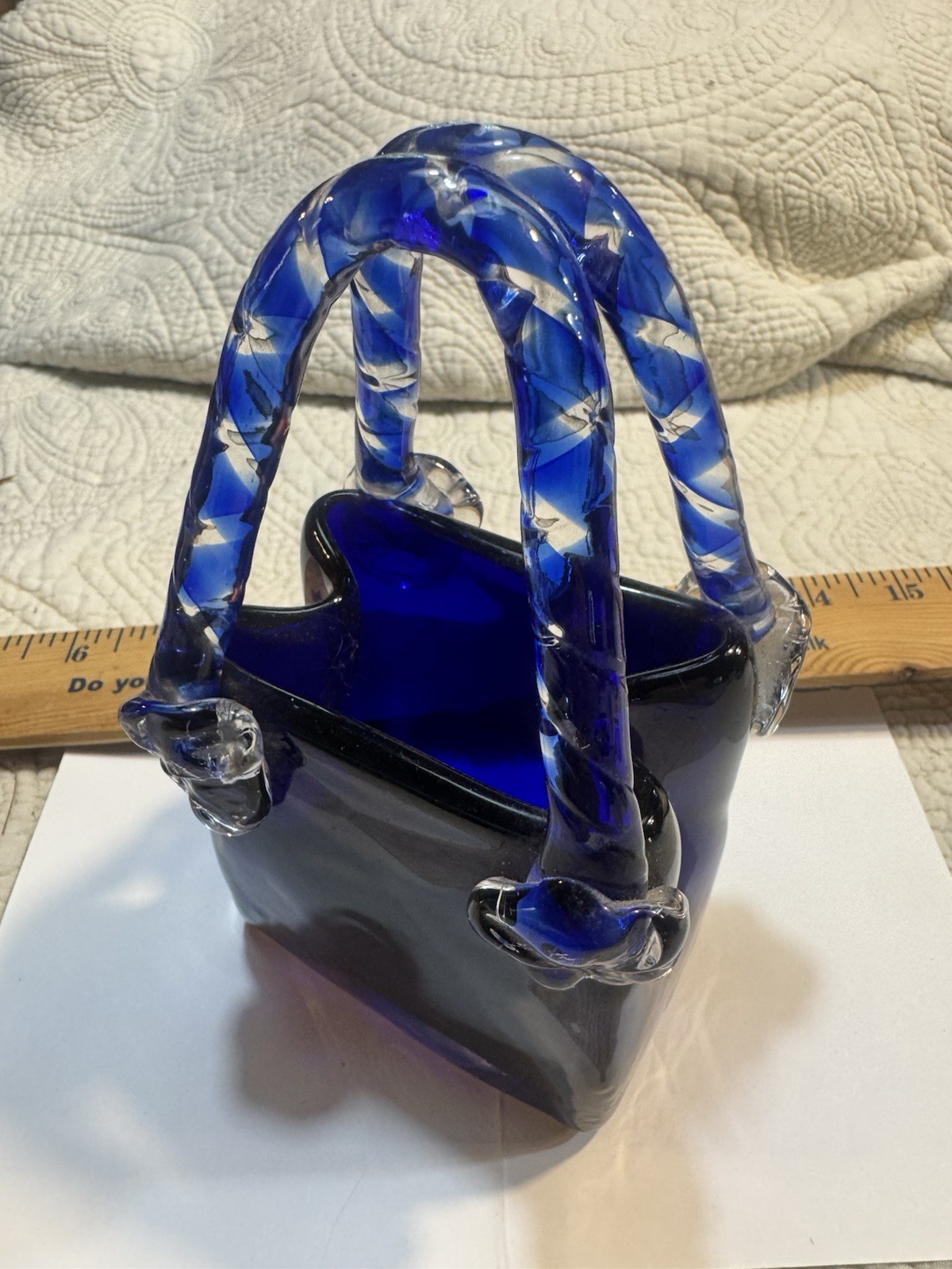 Blue Art Glass Hand Blown Decorative Basket with Twisted Handle, Glossy Finish