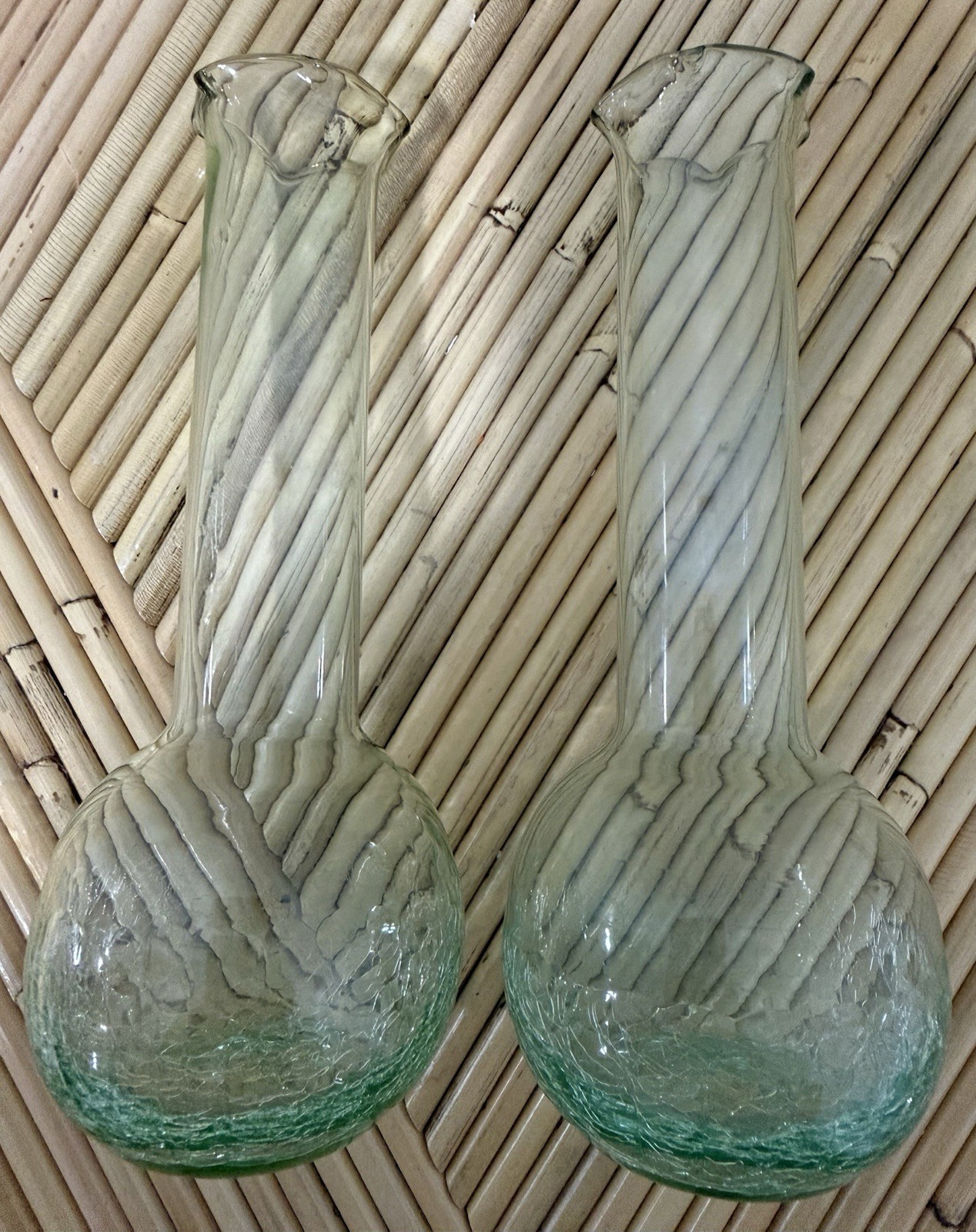 Vintage Light Green Bottom Crackled Vases With Ruffled Tops