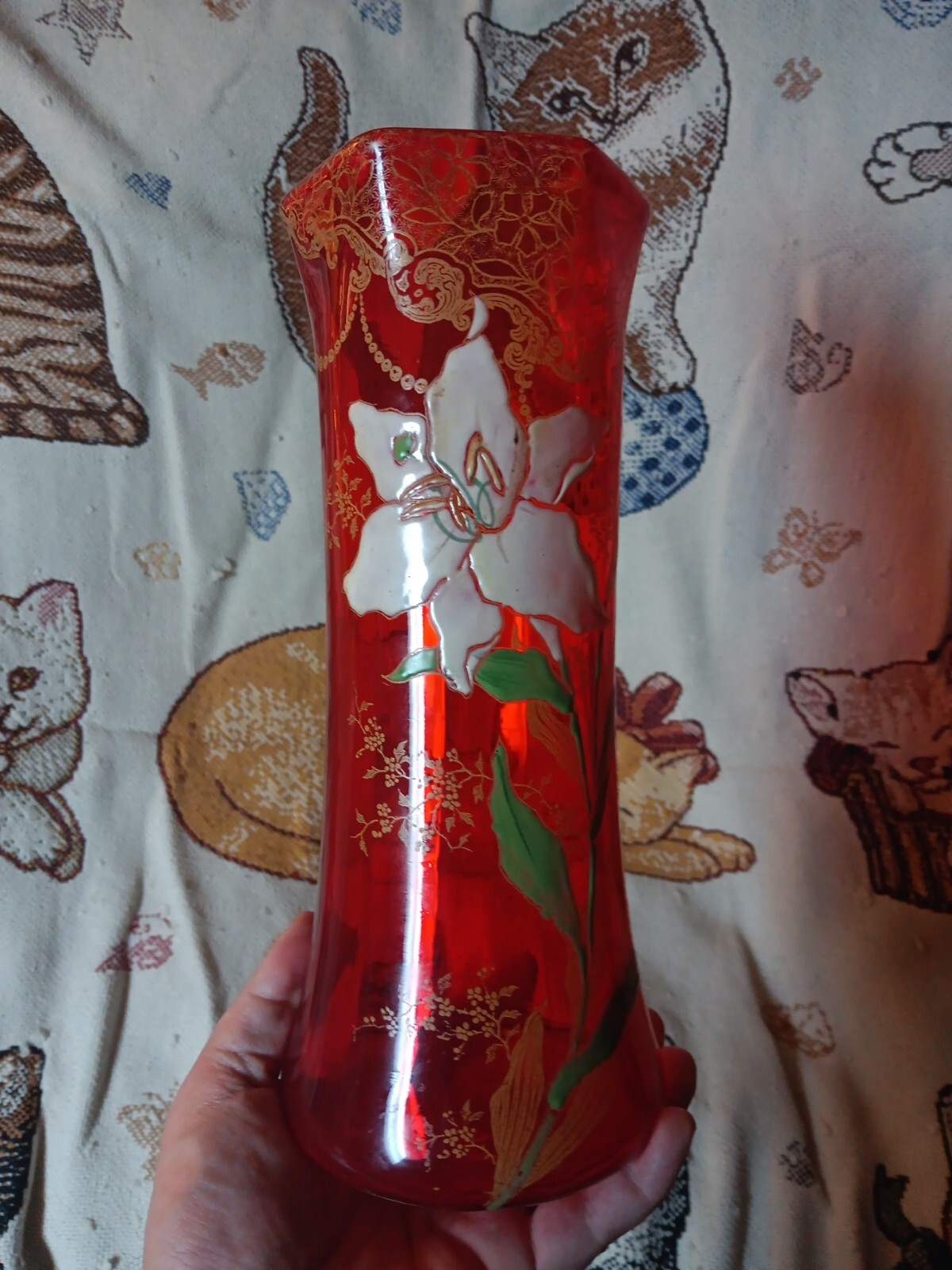 Antique Mont Joye Legras Art Glass Vase Easter LILY Heavy Hand Painted Enamel