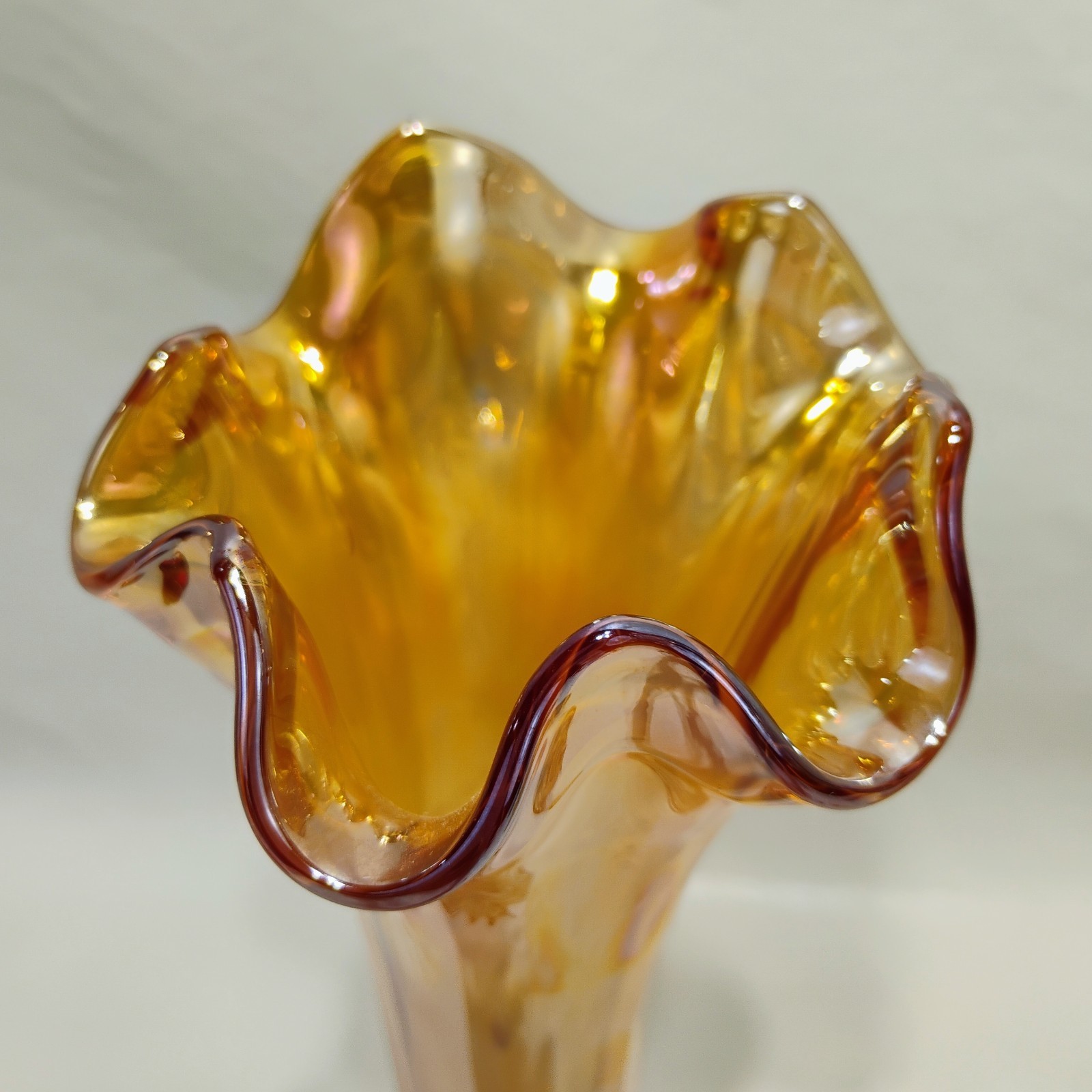 Carnival Glass Iridescent Marigold Basket with Handle & 9 Inch Vase