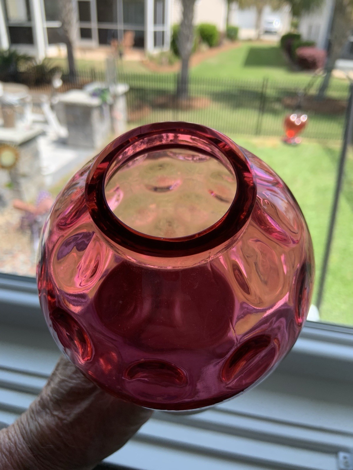 VINTAGE FENTON CRANBERRY INVERTED COIN DOT OPTIC IVY BOWL VASE – MINT CONDITION
