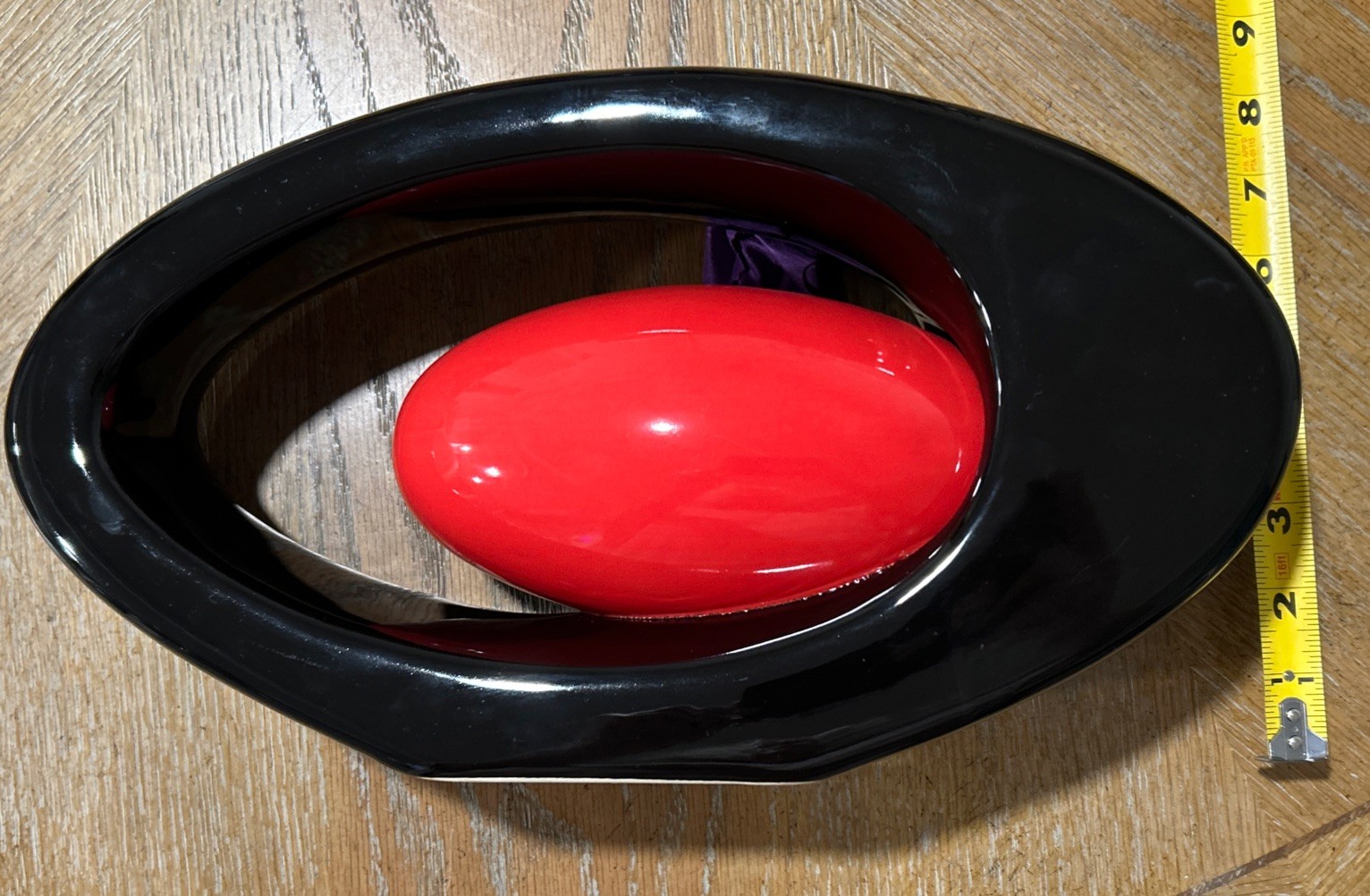 Modern abstract decorative sculpture VASE with black circle and red inner oval
