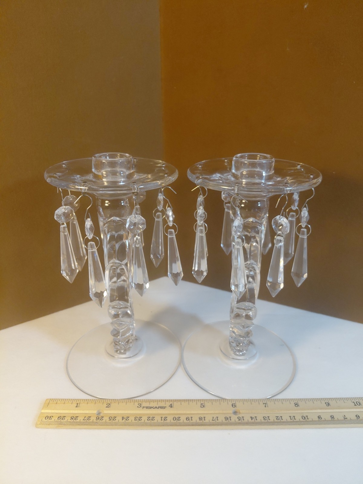 Vtg Pair Fostoria Candlesticks Baroque 8 Crystal Prisms Clear Art Deco UV Glow
