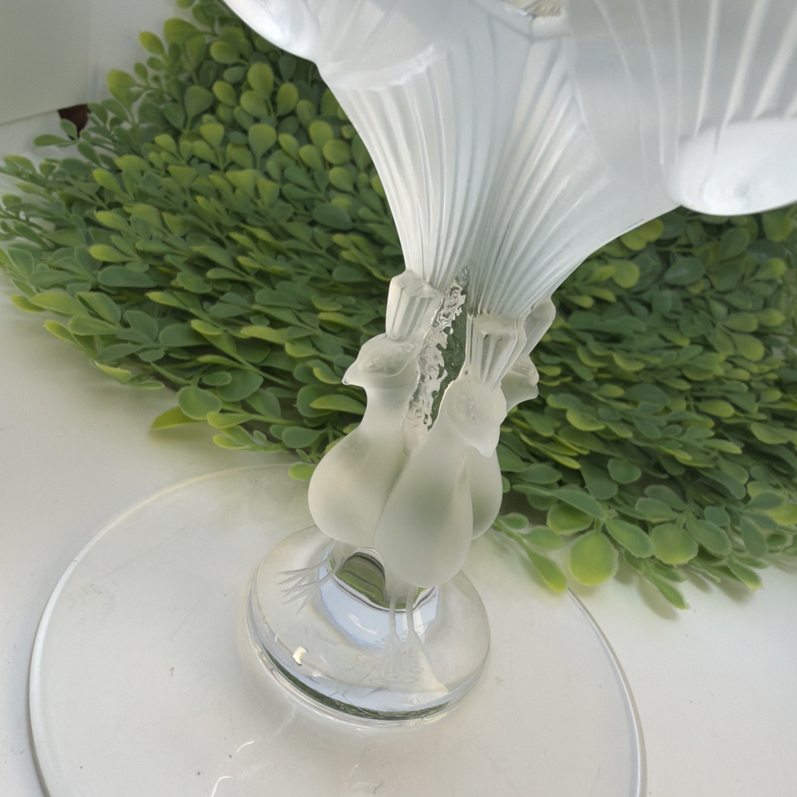 Vintage French Lalique Virginia Glass Peacocks Compote Frosted & Clear 7″