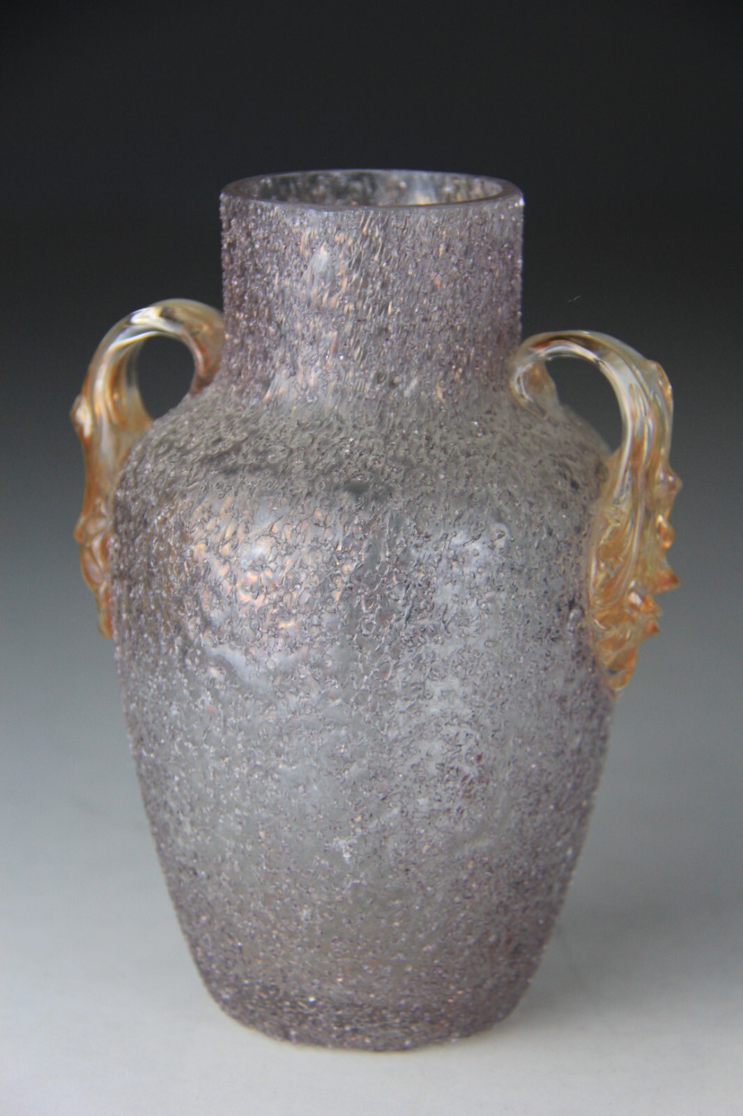 Dugan Smoke Colored Frit Vase w/ Applied Clambroth Handle -Glows!