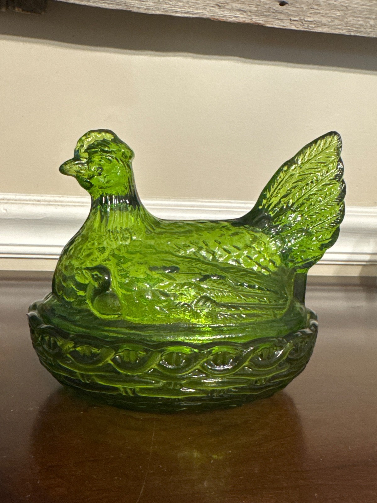 Vintage L.E. Smith Antique Green Glass Hen with Chicks On a Nest Candy Nut Dish