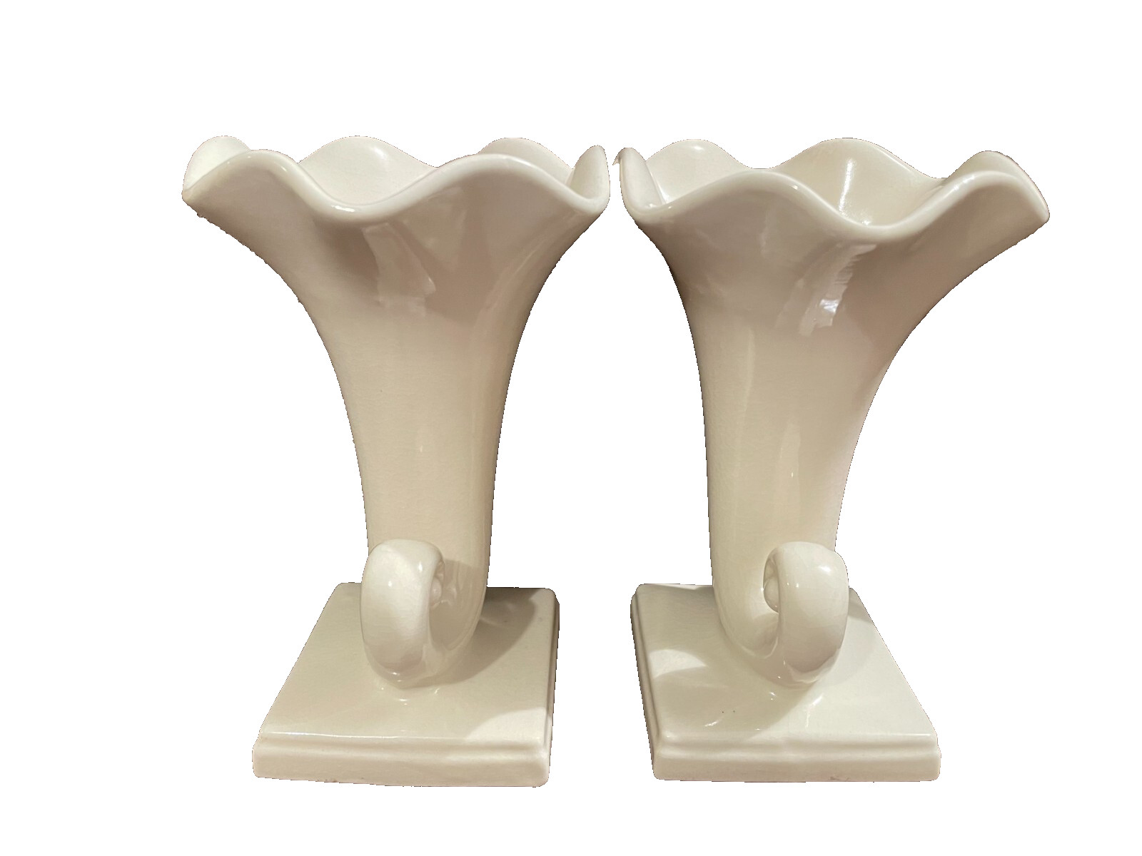 Vintage Abingdon Pair White Cornucopia 7” Vases USA New Old Stock Mint Condition