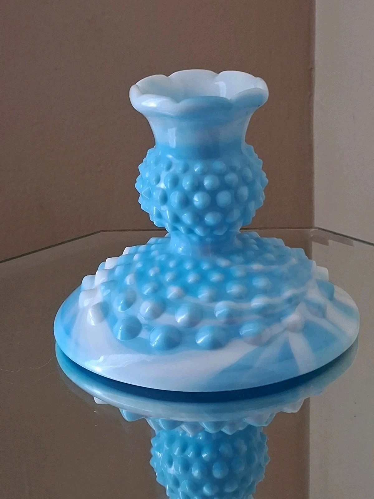 Vintage Fenton Set Of 2 Blue White Swirl Hobnail Candlestick Holders MCM