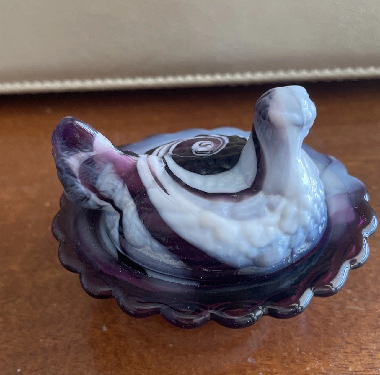 Mosser Amethyst Hen on Nest Mini Purple & White Blue Slag Glass Salt Cellar 2.5″