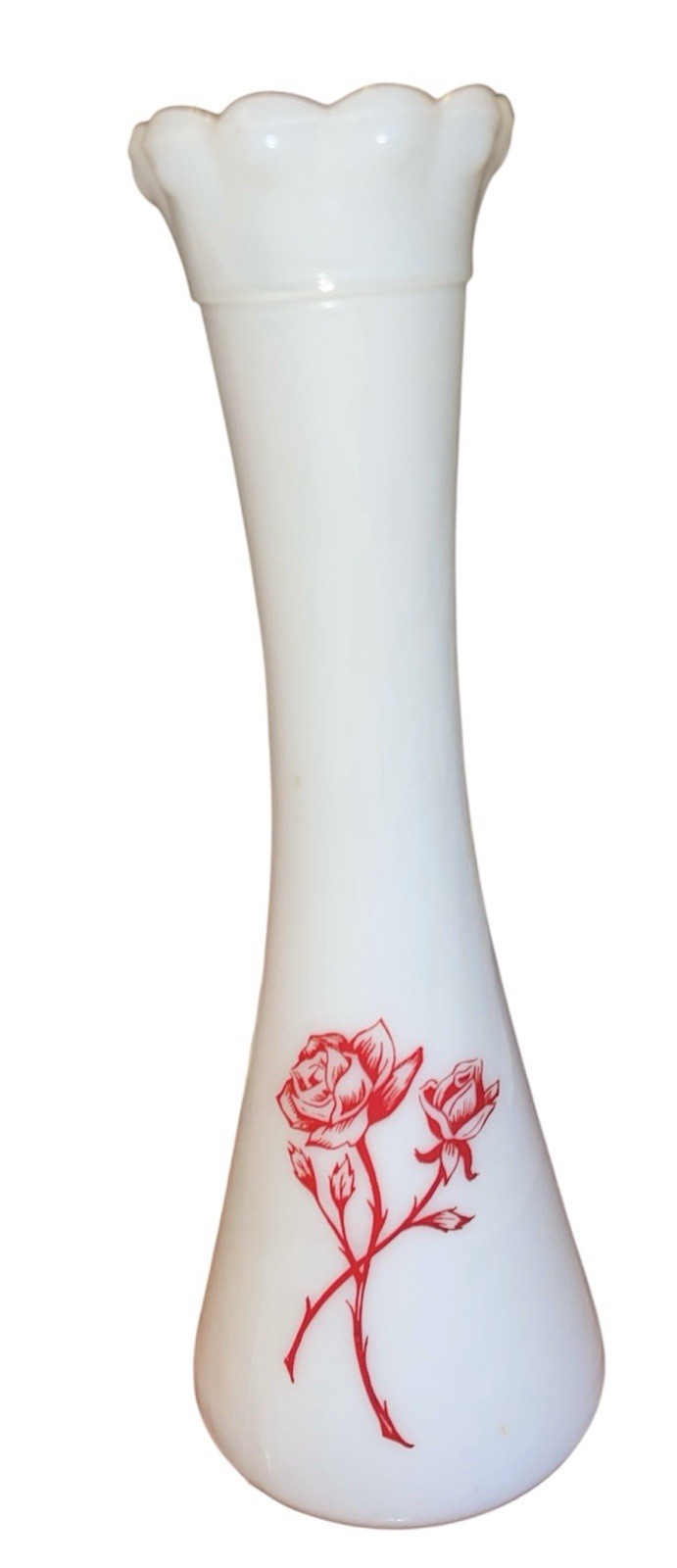Vintage Hazel Atlas Milk Glass Bud Vase White w/ Red Roses Scalloped Top 9” Tall